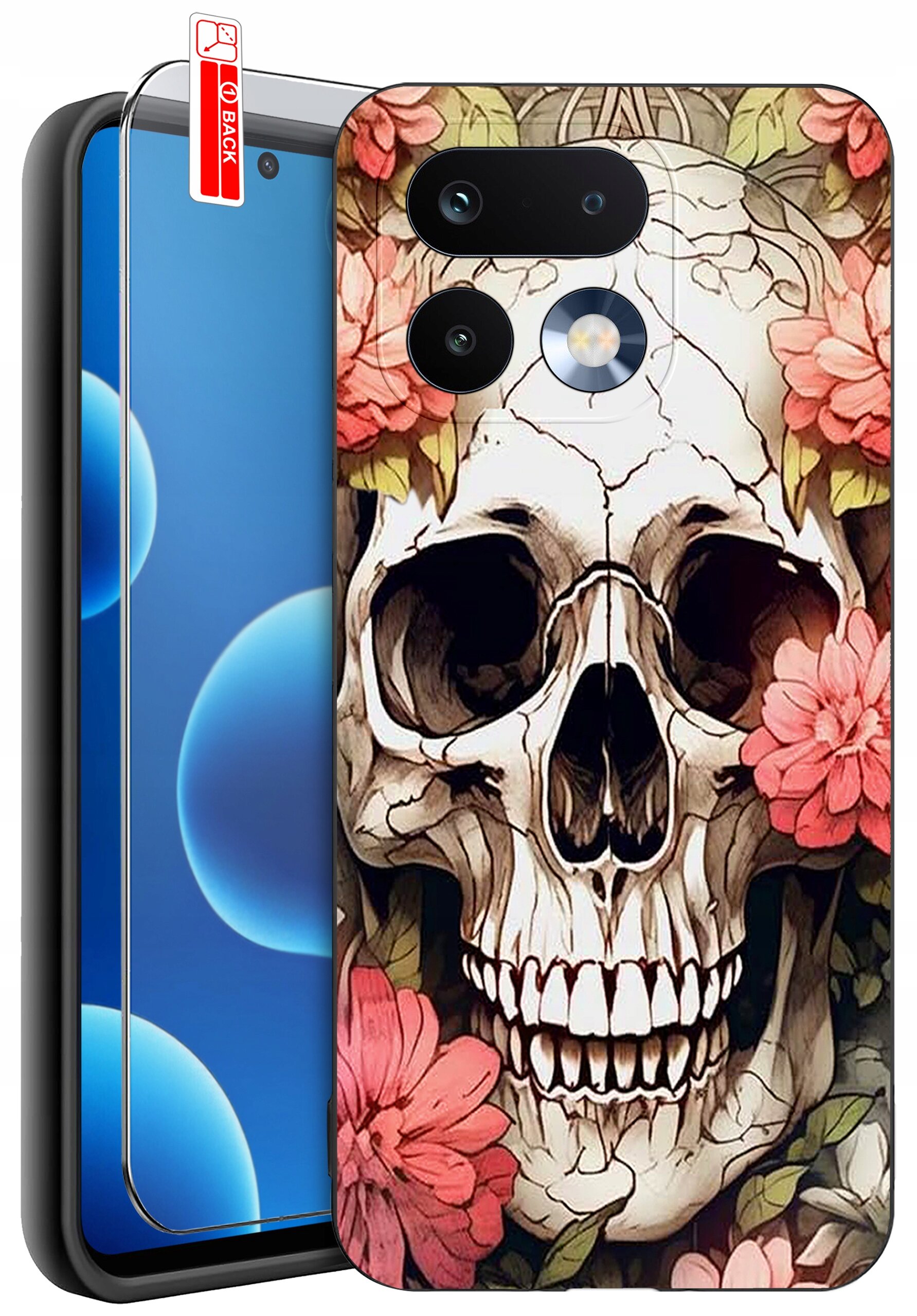 Etui na telefon z nadrukiem czaszki otoczonej różowymi kwiatami. Obok znajduje się szkło ochronne z etykietą \'BACK\'.