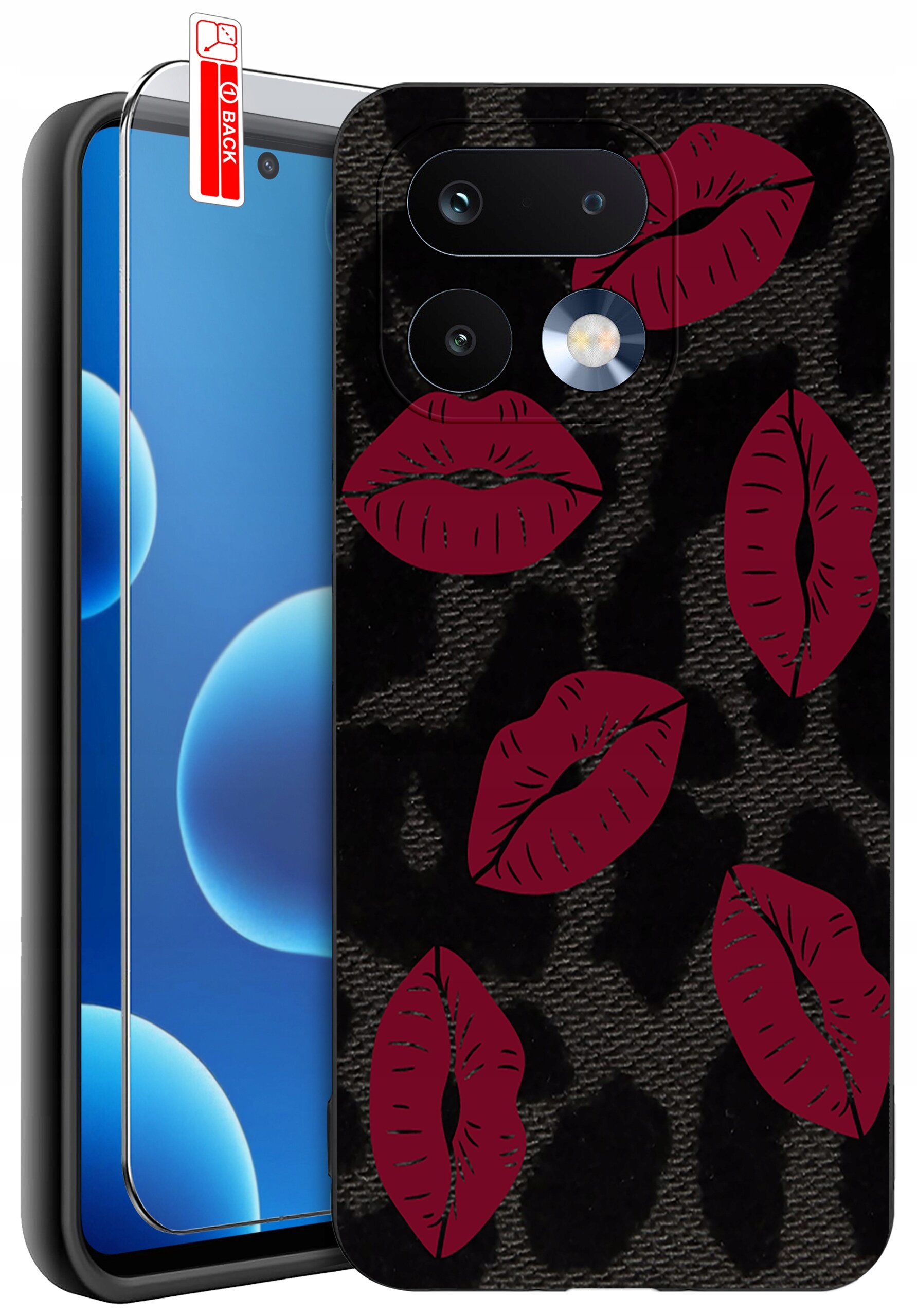 Obraz przedstawia etui na telefon z wzorem czerwonych ust na ciemnym tle oraz szkło ochronne z napisem \'BACK\'.