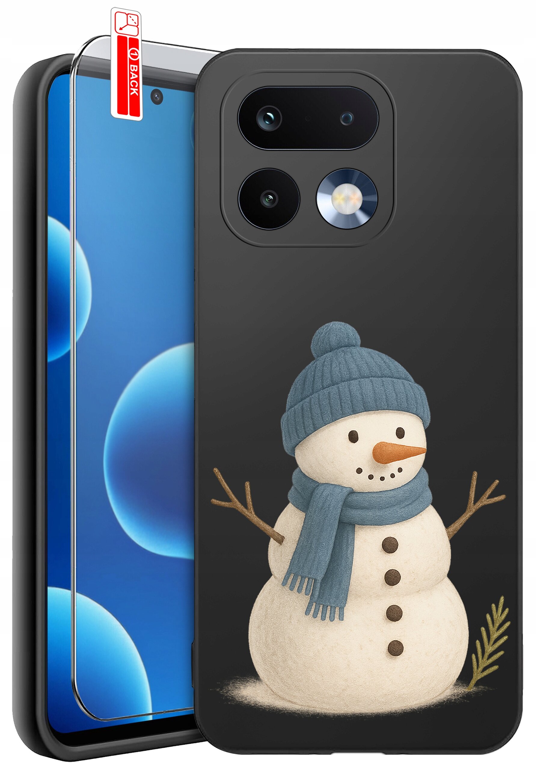 Etui na telefon z nadrukiem bałwana w niebieskiej czapce i szaliku, obok szkło ochronne z napisem \'BACK\'.