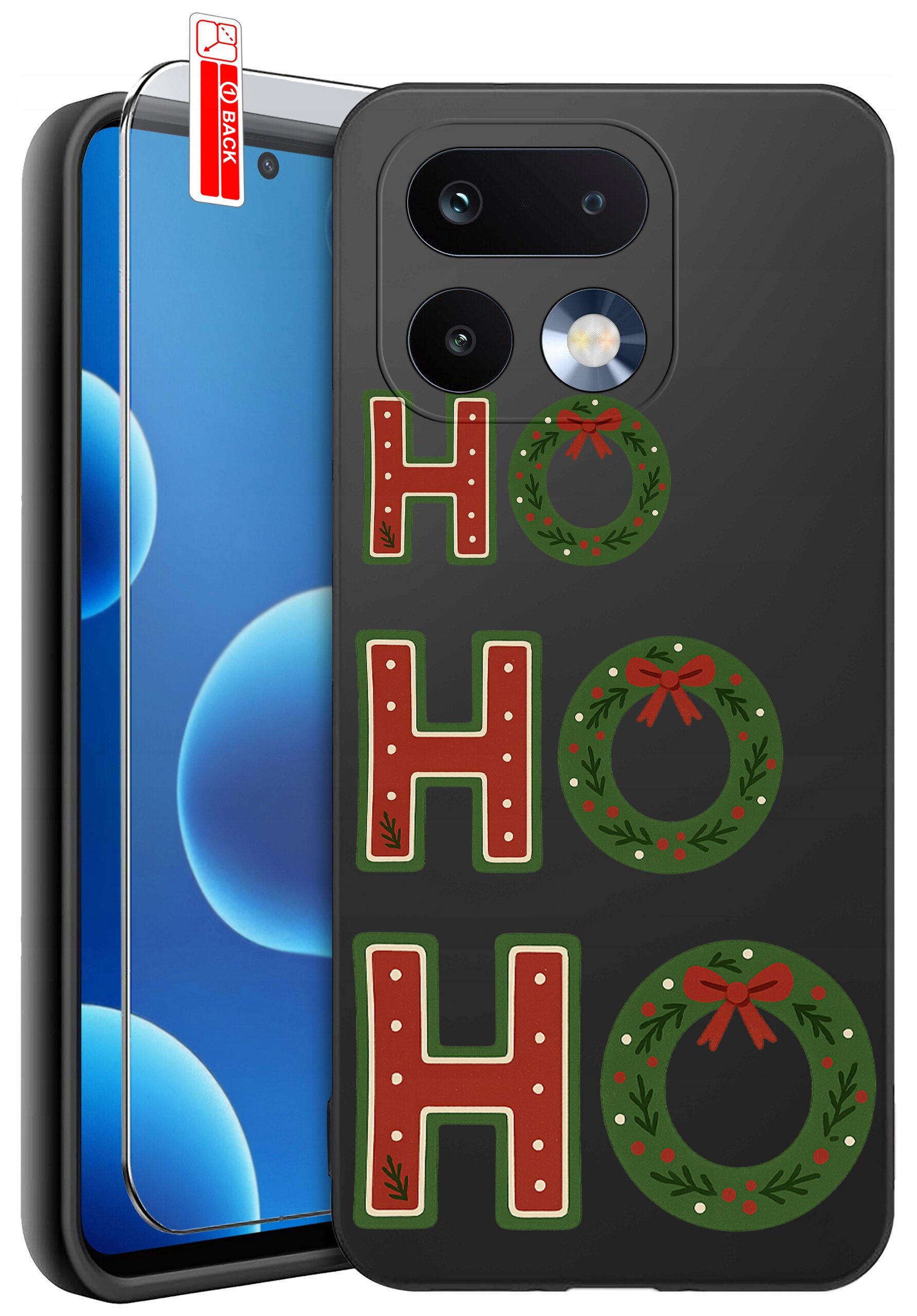 Na obrazie widoczne jest etui na telefon z napisem \'HO HO HO\', gdzie litery \'O\' są stylizowane na świąteczne wieńce. Obok etui znajduje się szkło ochronne z oznaczeniem \'BACK\'.