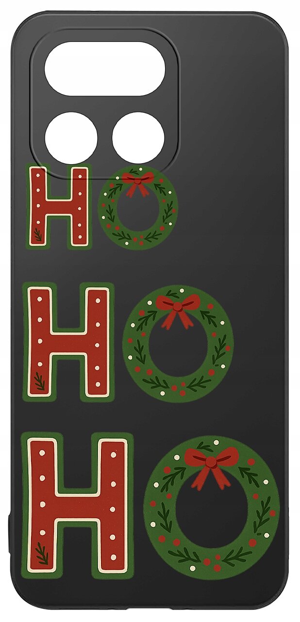 Czarne etui z napisem \'HO HO HO\', gdzie litery \'O\' zastąpione są zielonymi wieńcami z czerwonymi kokardkami.