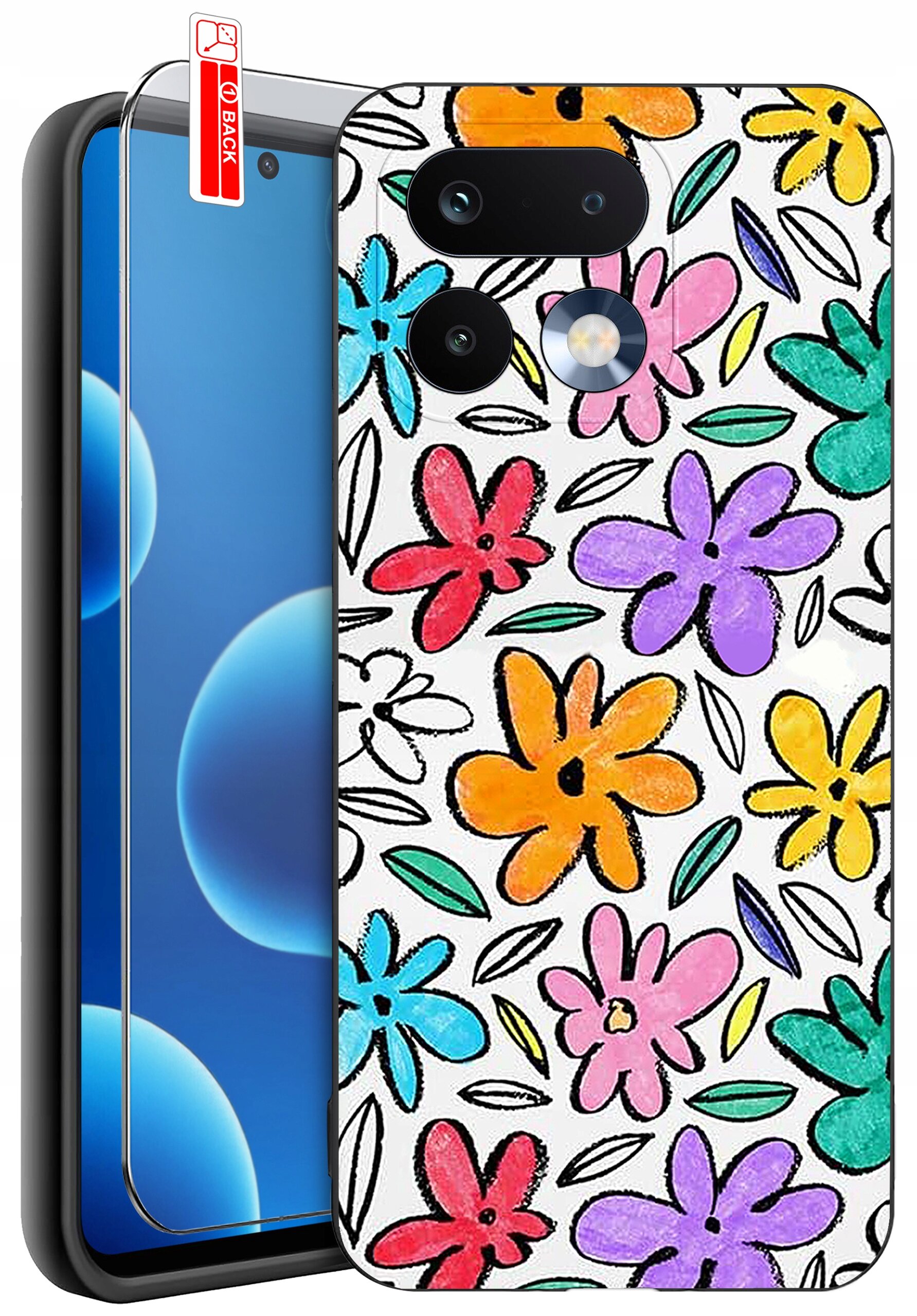 Etui na telefon z kolorowym wzorem kwiatów w odcieniach czerwieni, pomarańczu, fioletu, różu i niebieskiego, z dołączonym szkłem ochronnym. Na etui widoczny jest napis \'BACK\'.