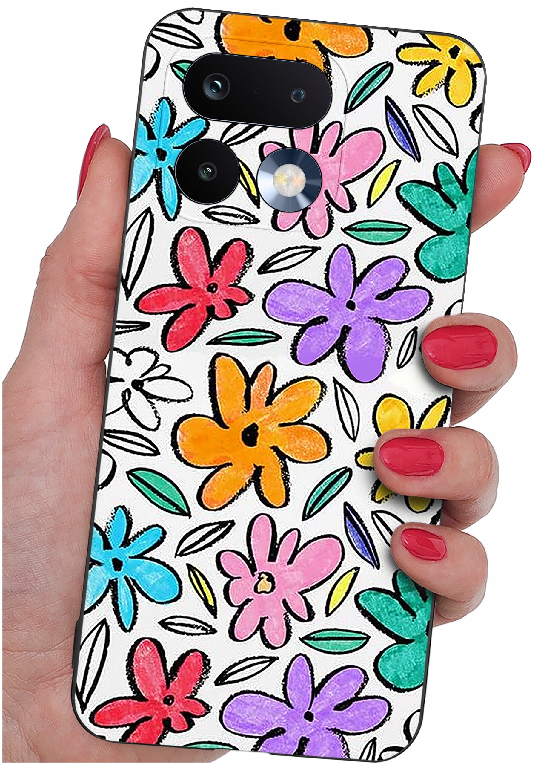 Etui na telefon z kolorowym wzorem kwiatów w odcieniach pomarańczowego, fioletowego, różowego, czerwonego i niebieskiego, trzymane w dłoni z pomalowanymi na czerwono paznokciami.