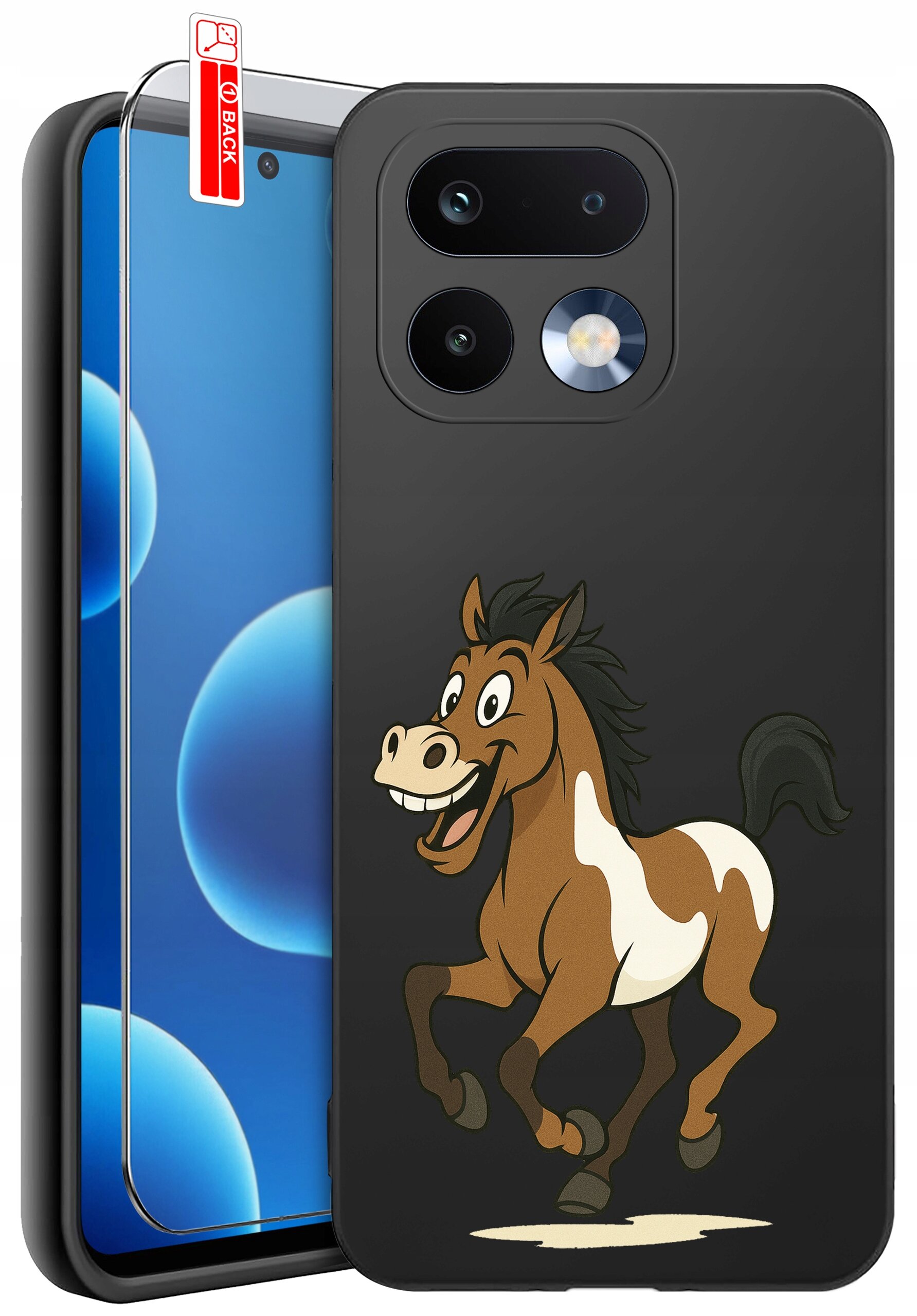 Etui na telefon z grafiką przedstawiającą uśmiechniętego konia na czarnym tle. Obok znajduje się szkło ochronne z oznaczeniem \'BACK\'.