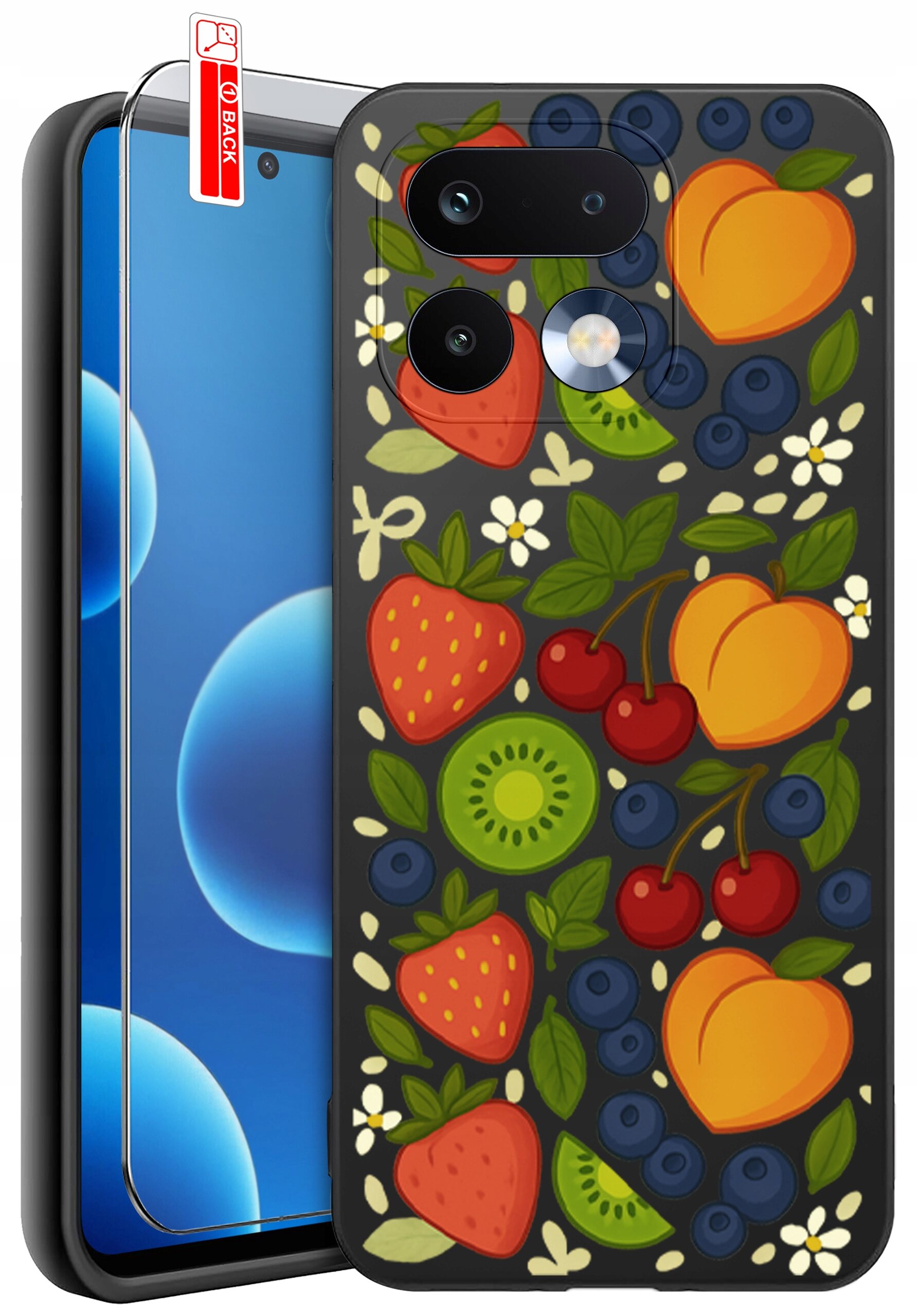 Etui na telefon z kolorowym wzorem owoców, takich jak truskawki, kiwi, wiśnie, brzoskwinie i jagody. Obok etui znajduje się szkło ochronne z napisem \'BACK\'.
