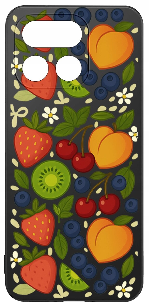 Etui na telefon z kolorowym wzorem owoców, w tym truskawek, kiwi, brzoskwiń, wiśni i jagód, na ciemnym tle.