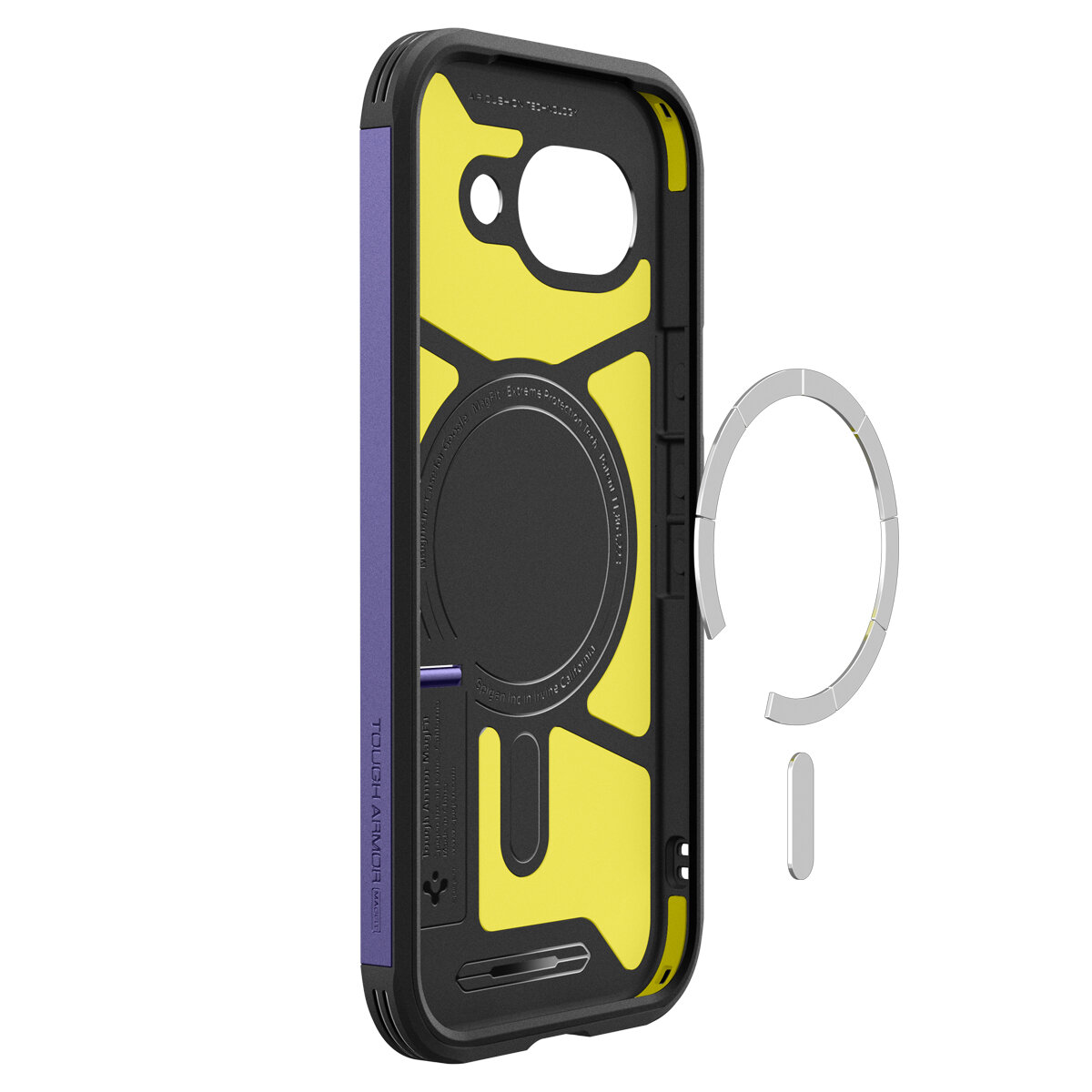 Etui na telefon w kolorze fioletowym z czarnymi i żółtymi elementami, z widocznym okrągłym miejscem na magnes. Obok etui znajduje się metalowy pierścień i prostokątny element.