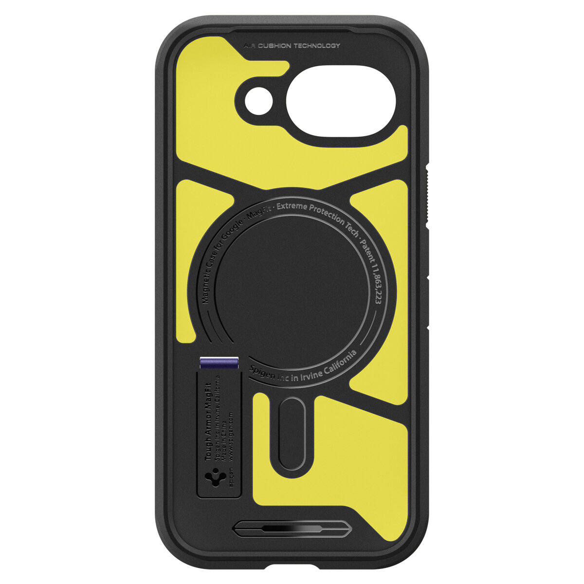 Etui na telefon w kolorze czarnym z żółtymi akcentami, posiada okrągły element na środku oraz wycięcia na aparat i przyciski. Widoczny tekst: \'Air Cushion Technology\', \'Magnetic Case for Google MagFit\', \'Extreme Protection Tech\', \'Patent 11.483.223\', \'Spigen Inc in Irvine California\', \'Tough Armor MagFit\'.