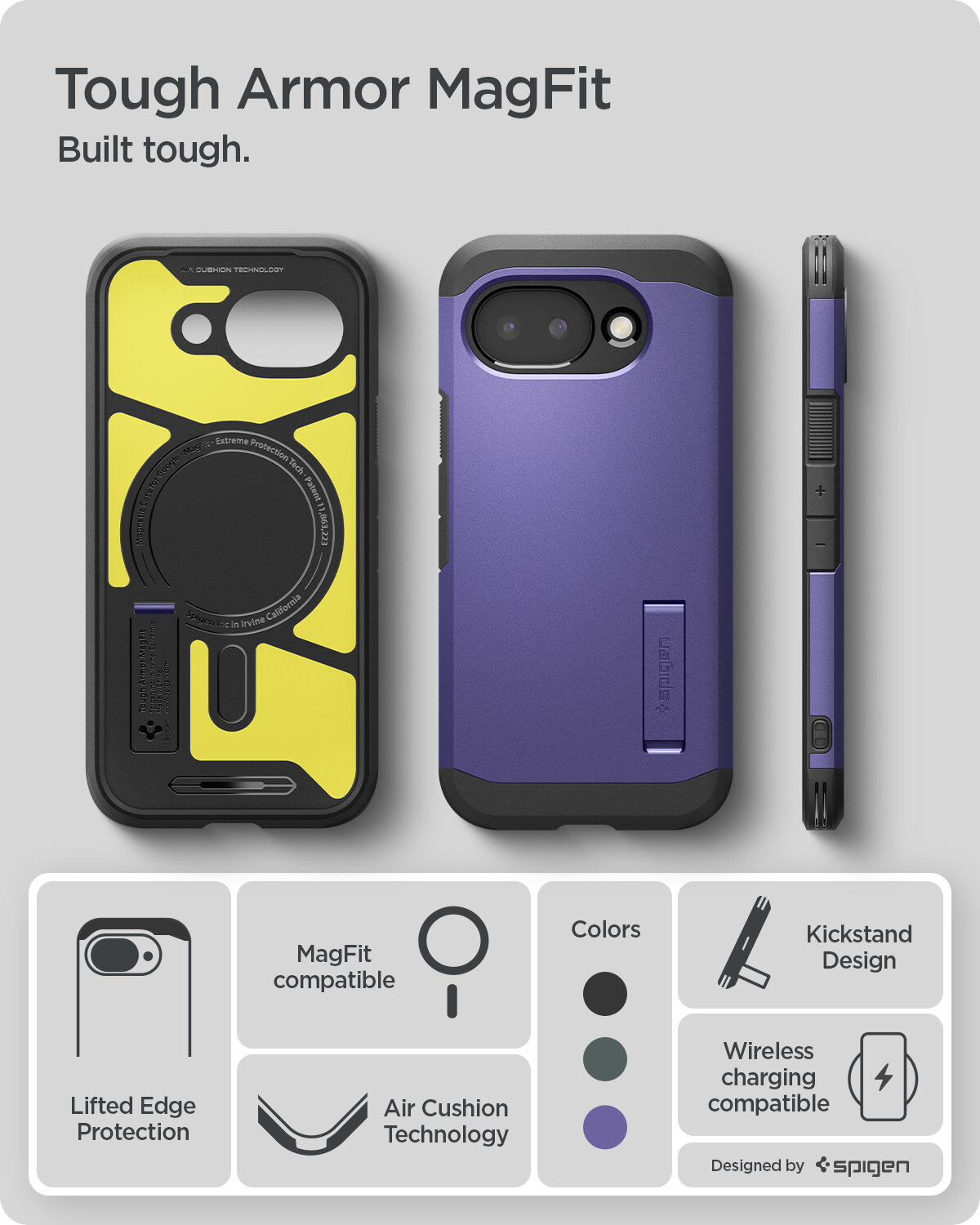 Obraz przedstawia etui na telefon w kolorze fioletowym z czarnymi elementami, z funkcją MagFit i technologią Air Cushion. Na dole znajdują się ikony opisujące cechy produktu, takie jak ochrona krawędzi, kompatybilność z ładowaniem bezprzewodowym i wbudowana podpórka.