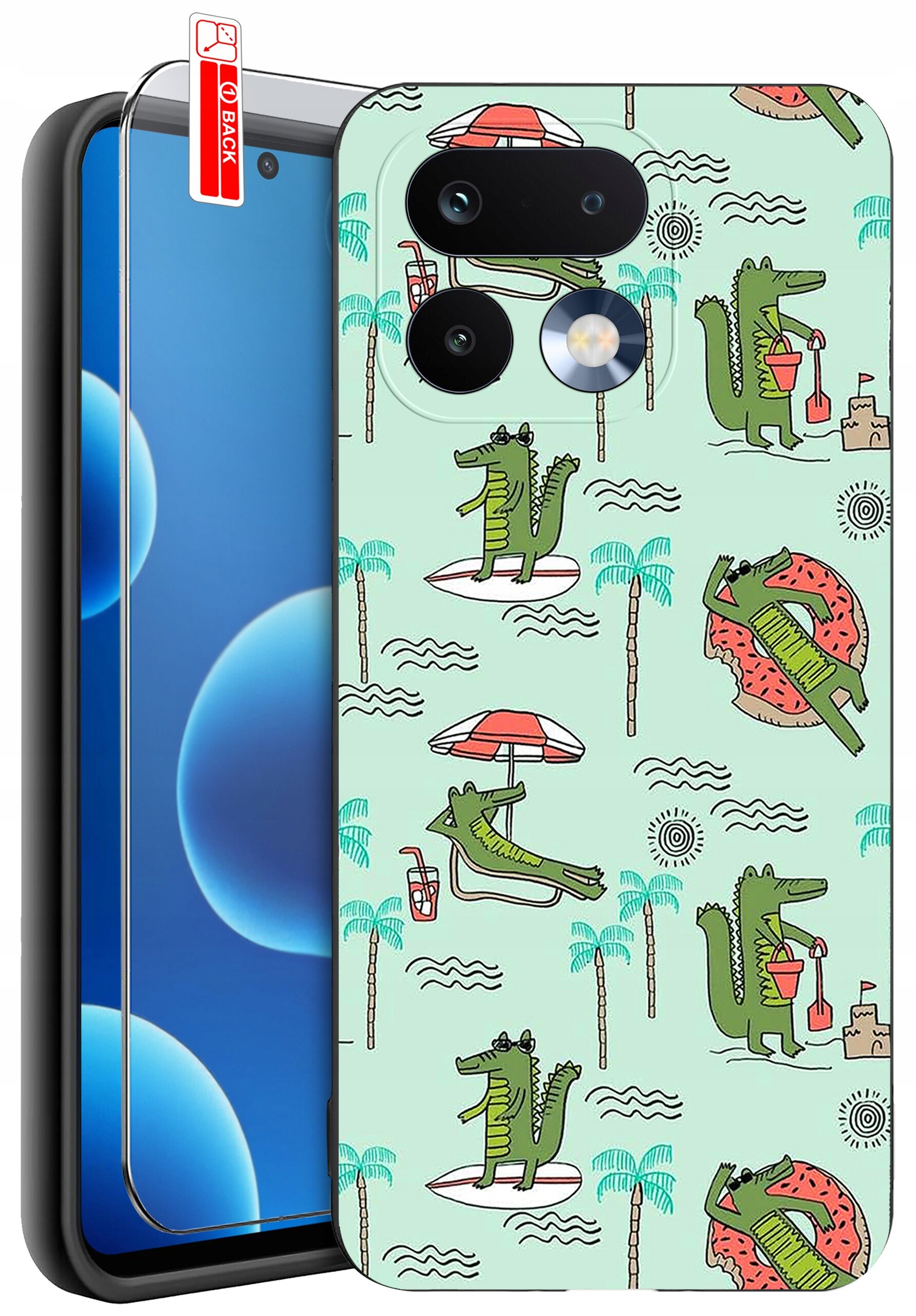 Etui na telefon z kolorowym wzorem przedstawiającym krokodyle w różnych wakacyjnych scenach, takich jak leżenie pod parasolem i pływanie na desce. Obok etui znajduje się szkło ochronne z oznaczeniem \'BACK\'.