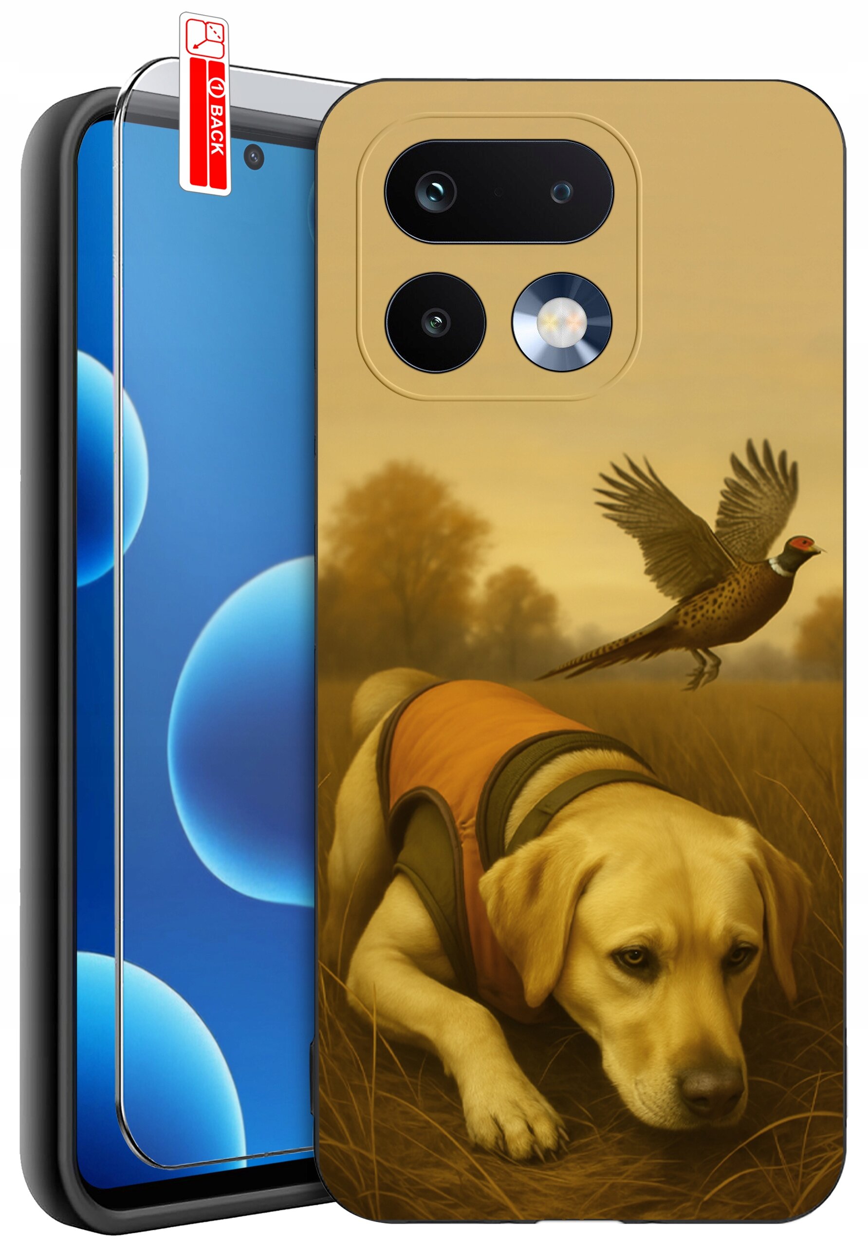 Etui na telefon z nadrukiem psa w pomarańczowej kamizelce i lecącego ptaka na tle jesiennego krajobrazu. Obok etui znajduje się szkło ochronne z oznaczeniem \'BACK\'.