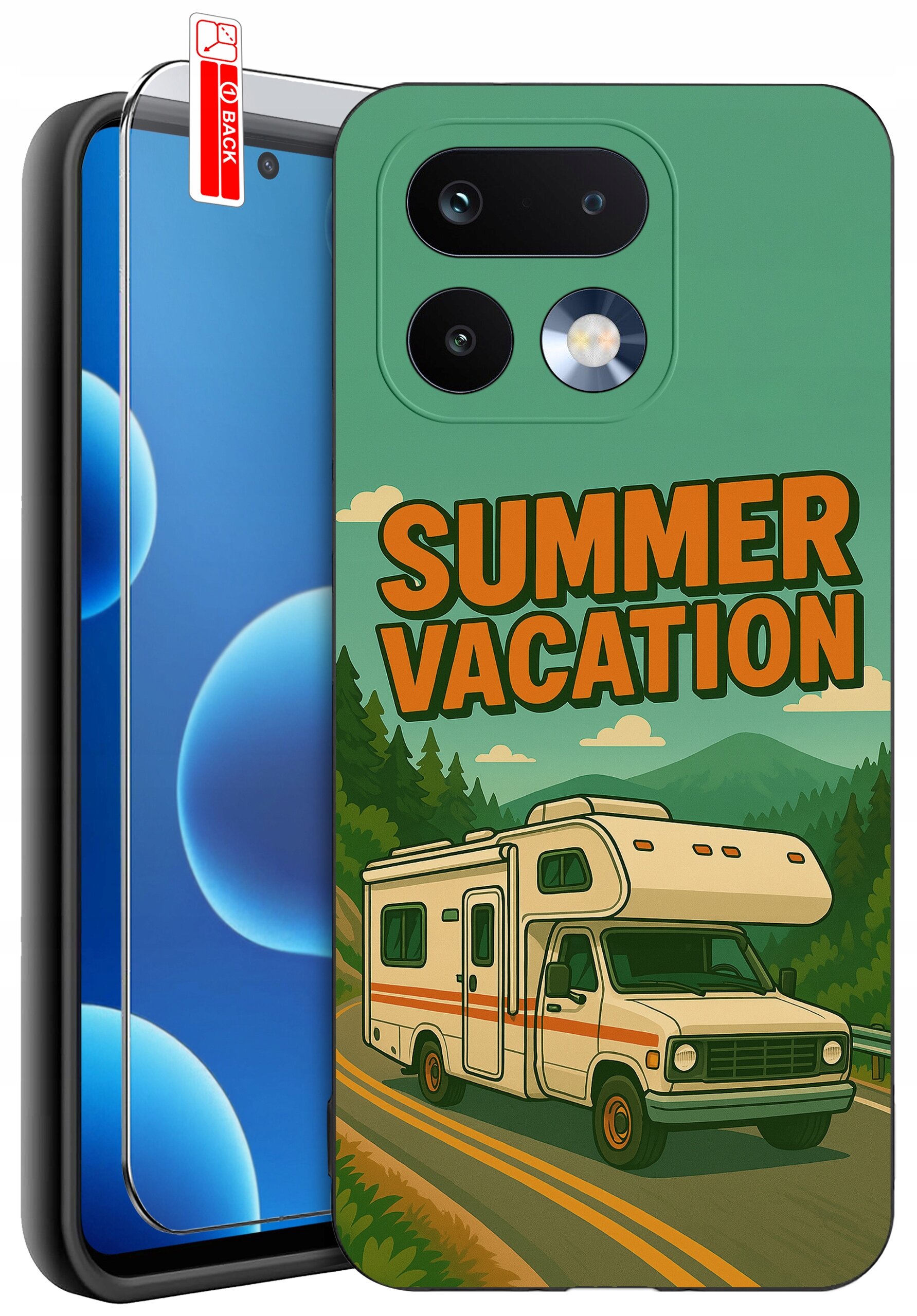 Etui na telefon z grafiką przedstawiającą kampera na drodze z napisem \'SUMMER VACATION\'. Obok etui znajduje się szkło ochronne z oznaczeniem \'BACK\'.