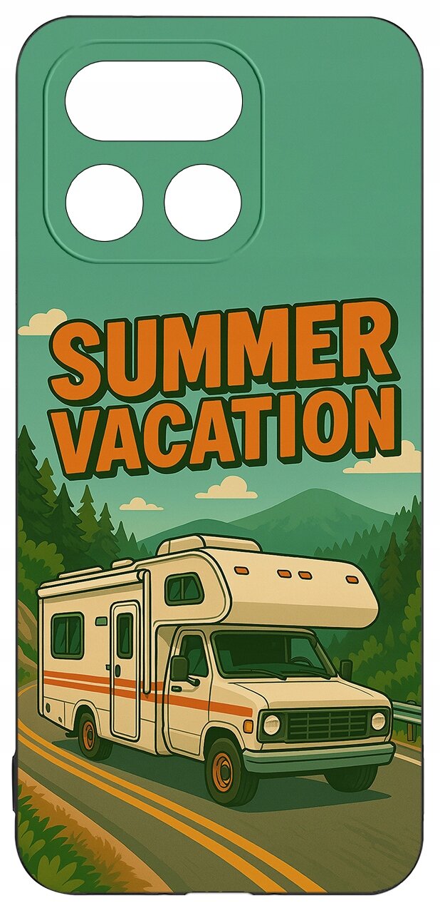 Etui z grafiką przedstawiającą kampera na drodze w otoczeniu gór i lasów, z napisem \'SUMMER VACATION\'.