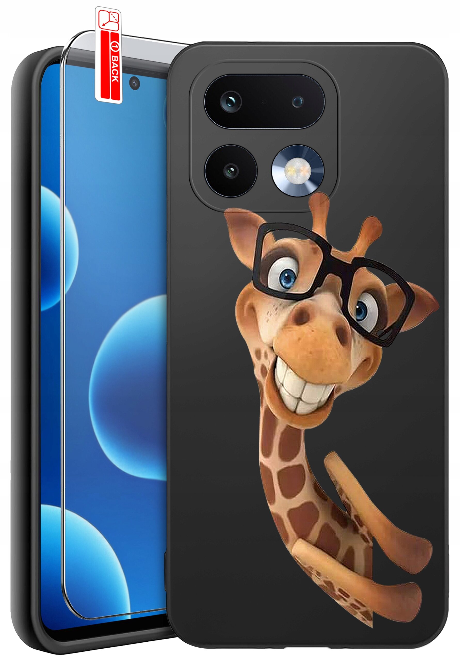 Etui na telefon z grafiką uśmiechniętej żyrafy w okularach, obok widoczne szkło ochronne z napisem \'BACK\'.