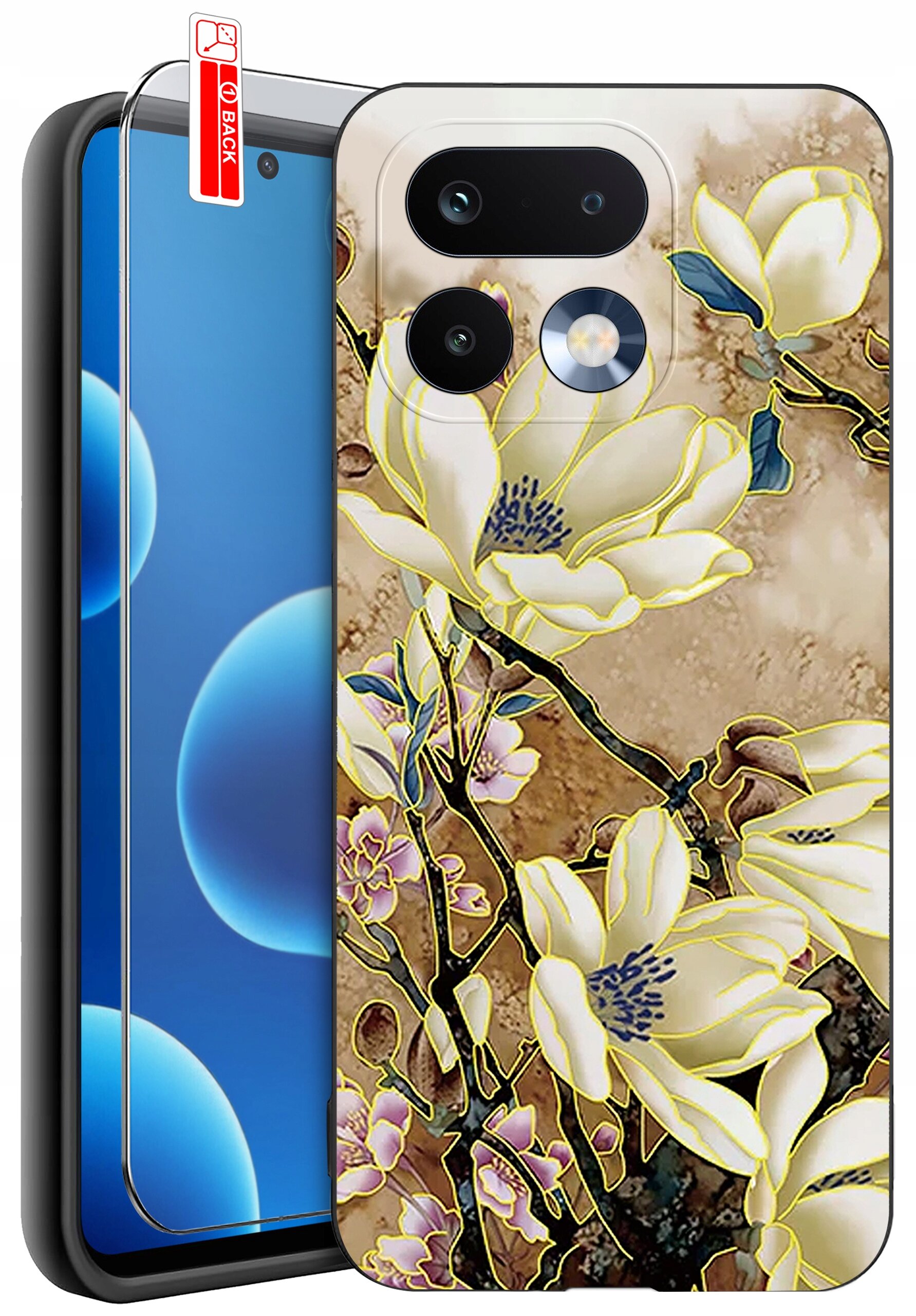 Obraz przedstawia silikonowe etui na telefon z wzorem kwiatów magnolii na tle w odcieniach brązu. Obok etui znajduje się szkło ochronne z czerwoną naklejką z napisem \'BACK\'.