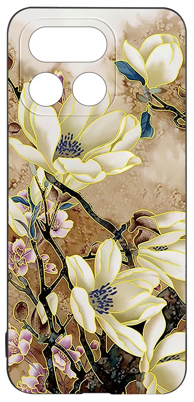 Etui na telefon z wzorem przedstawiającym kwiaty magnolii na tle w odcieniach brązu i beżu. Etui ma wycięcia na aparat i inne elementy telefonu.
