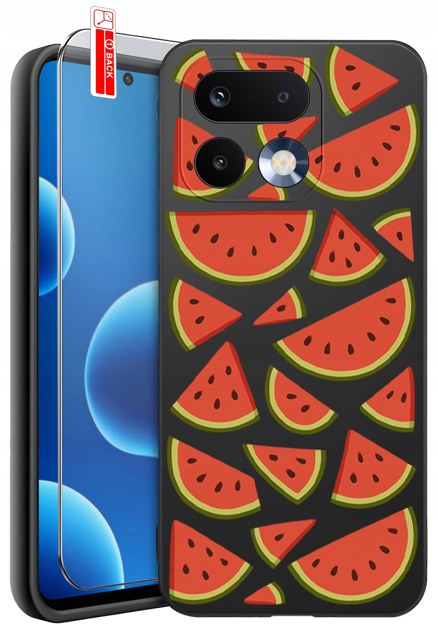 Etui na telefon z wzorem kawałków arbuza, wykonane z czarnego silikonu. Obok etui znajduje się szkło ochronne z oznaczeniem \'BACK\'.