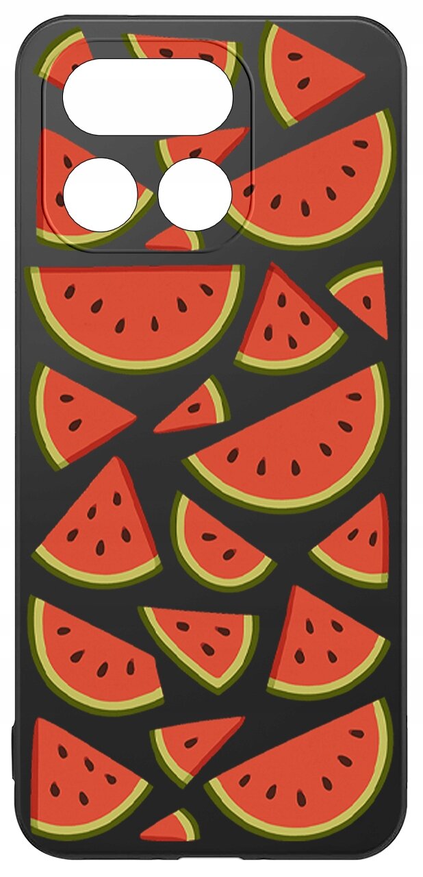 Etui na telefon z wzorem czerwonych kawałków arbuza na czarnym tle, z wycięciami na aparat i inne elementy.