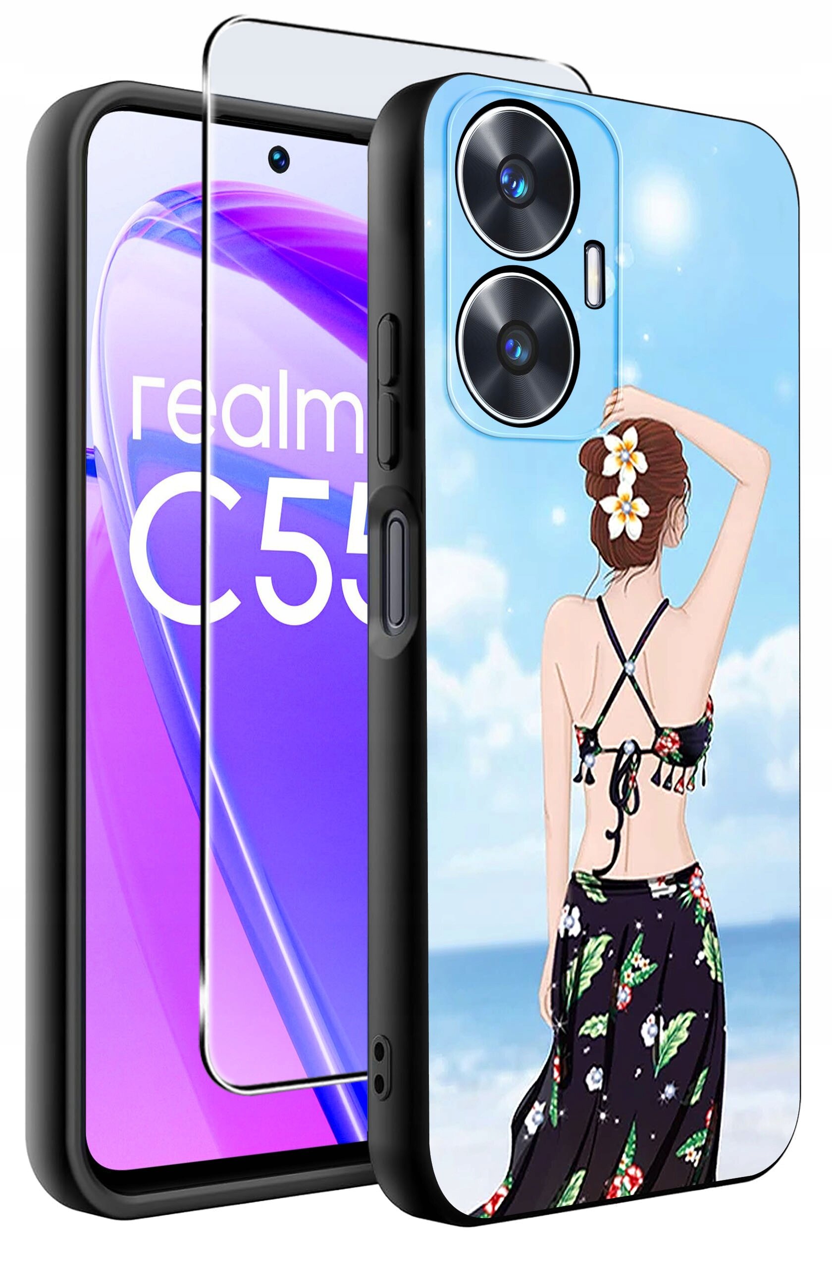 Etui na telefon z grafiką przedstawiającą kobietę na plaży, z kwiatami we włosach, oraz szkło ochronne. Na ekranie telefonu widoczny jest napis \'realme C55\'.