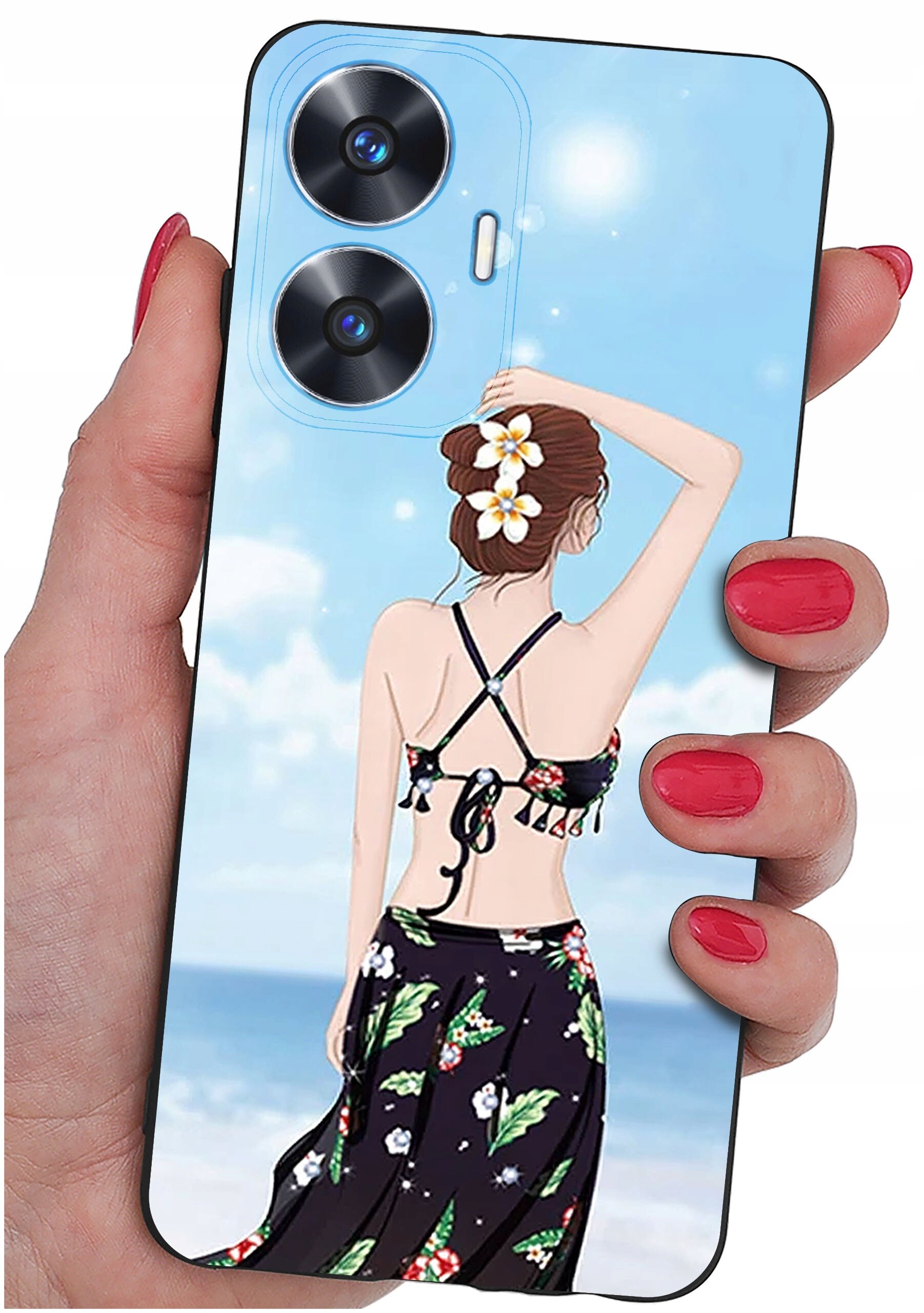 Etui na telefon z grafiką przedstawiającą kobietę w stroju plażowym na tle nieba i morza. Etui trzymane jest w dłoni z pomalowanymi na czerwono paznokciami.