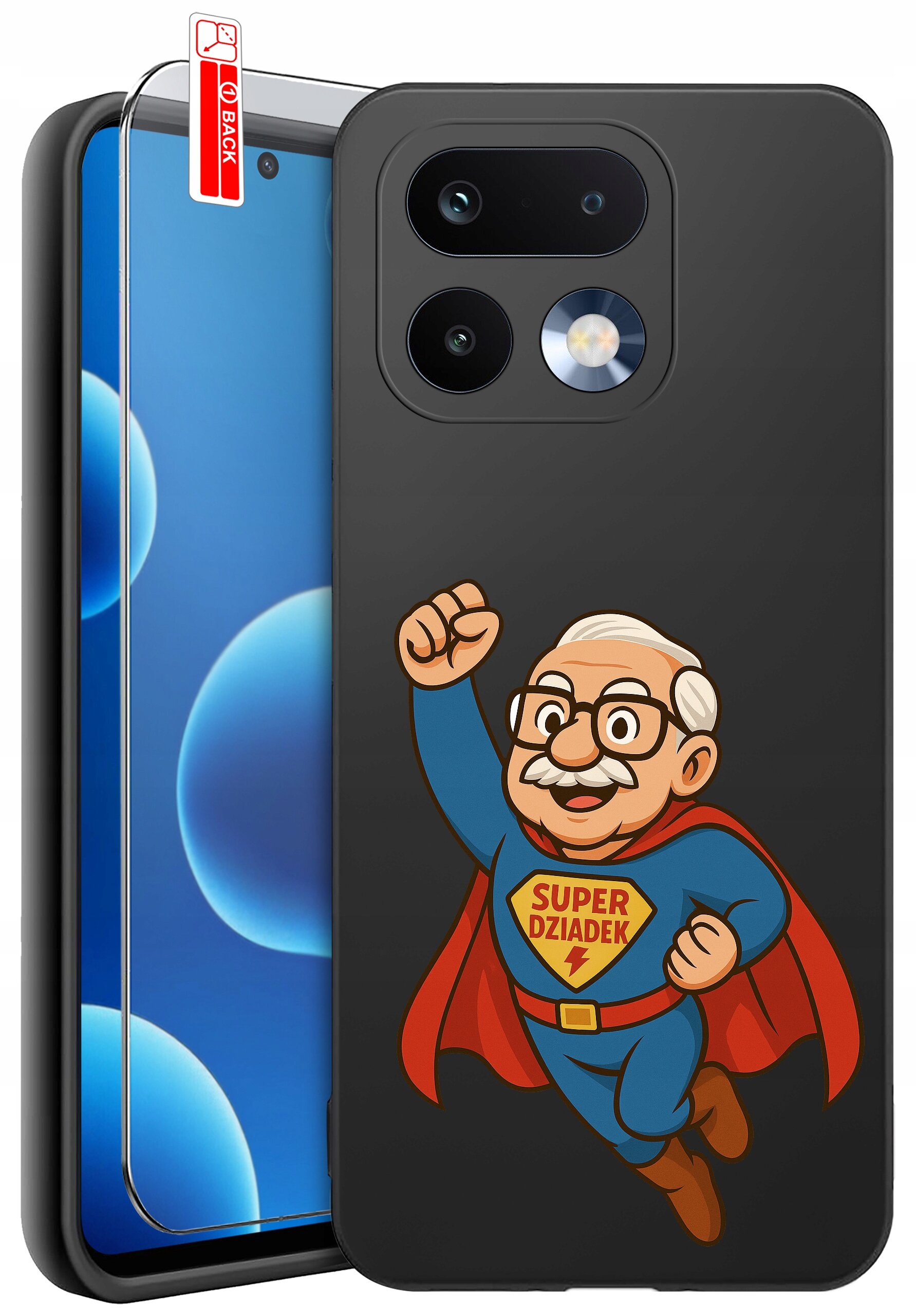 Etui na telefon z grafiką przedstawiającą postać w stroju superbohatera z napisem \'SUPER DZIADEK\'. Obok etui znajduje się szkło ochronne z oznaczeniem \'BACK\'.