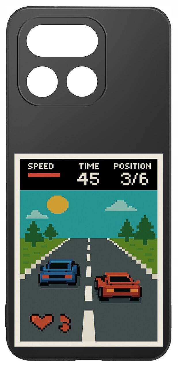 Etui na telefon z grafiką w stylu retro przedstawiającą wyścig samochodowy. Na ekranie widoczne są napisy: \'SPEED\', \'TIME 45\', \'POSITION 3/6\'.