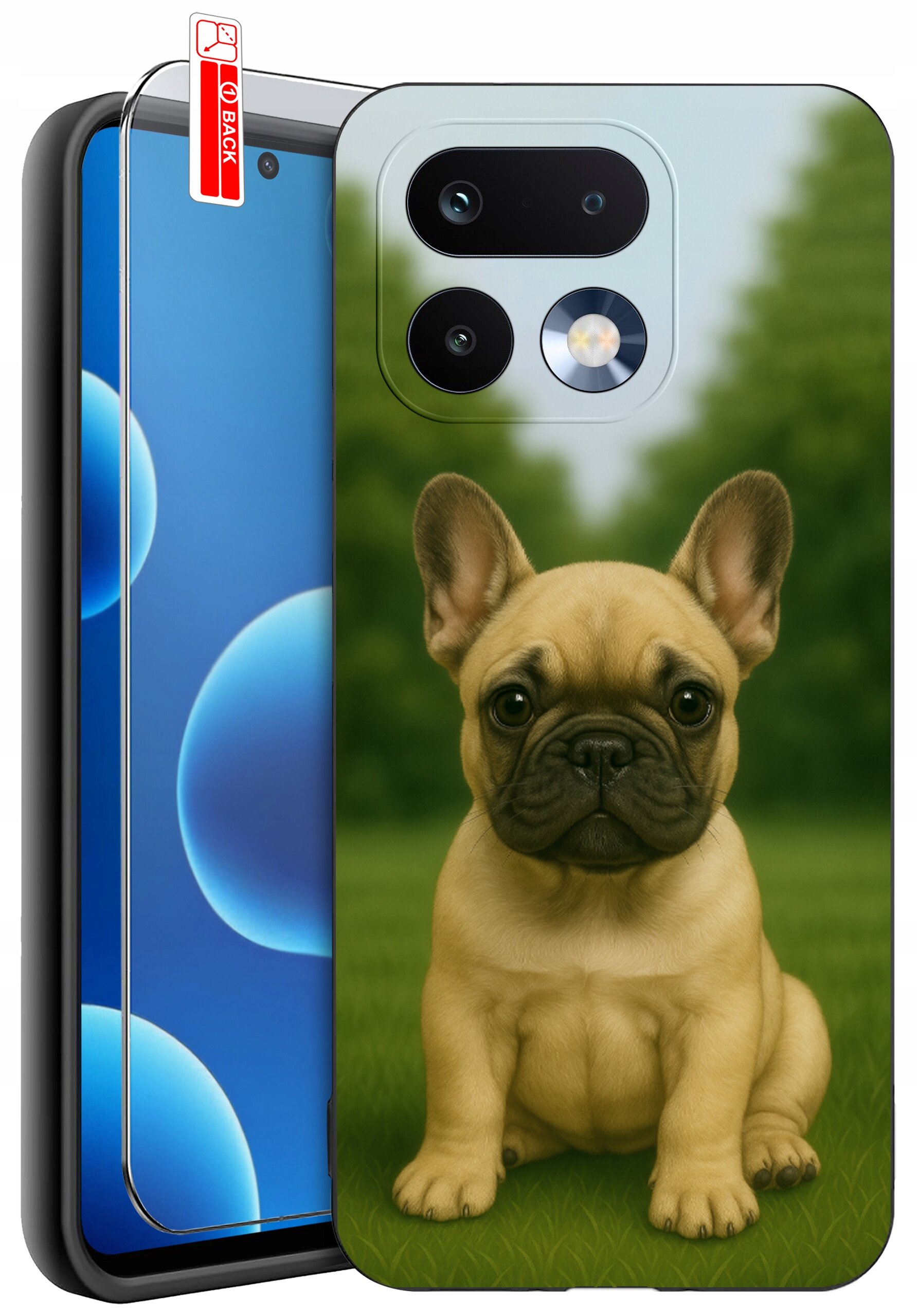 Obraz przedstawia silikonowe etui na telefon z nadrukiem psa siedzącego na trawie oraz szkło ochronne z napisem \'BACK\'.