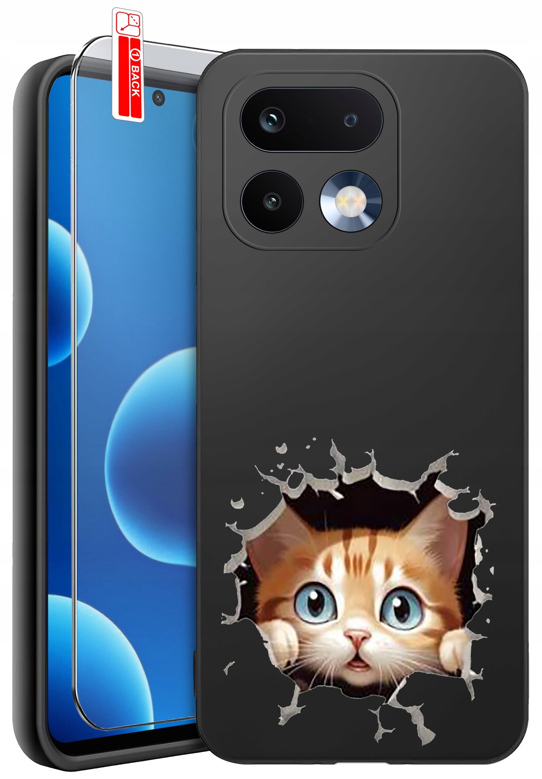 Czarne etui na telefon z nadrukiem kota wyglądającego przez dziurę. Obok znajduje się szkło ochronne z napisem \'BACK\'.