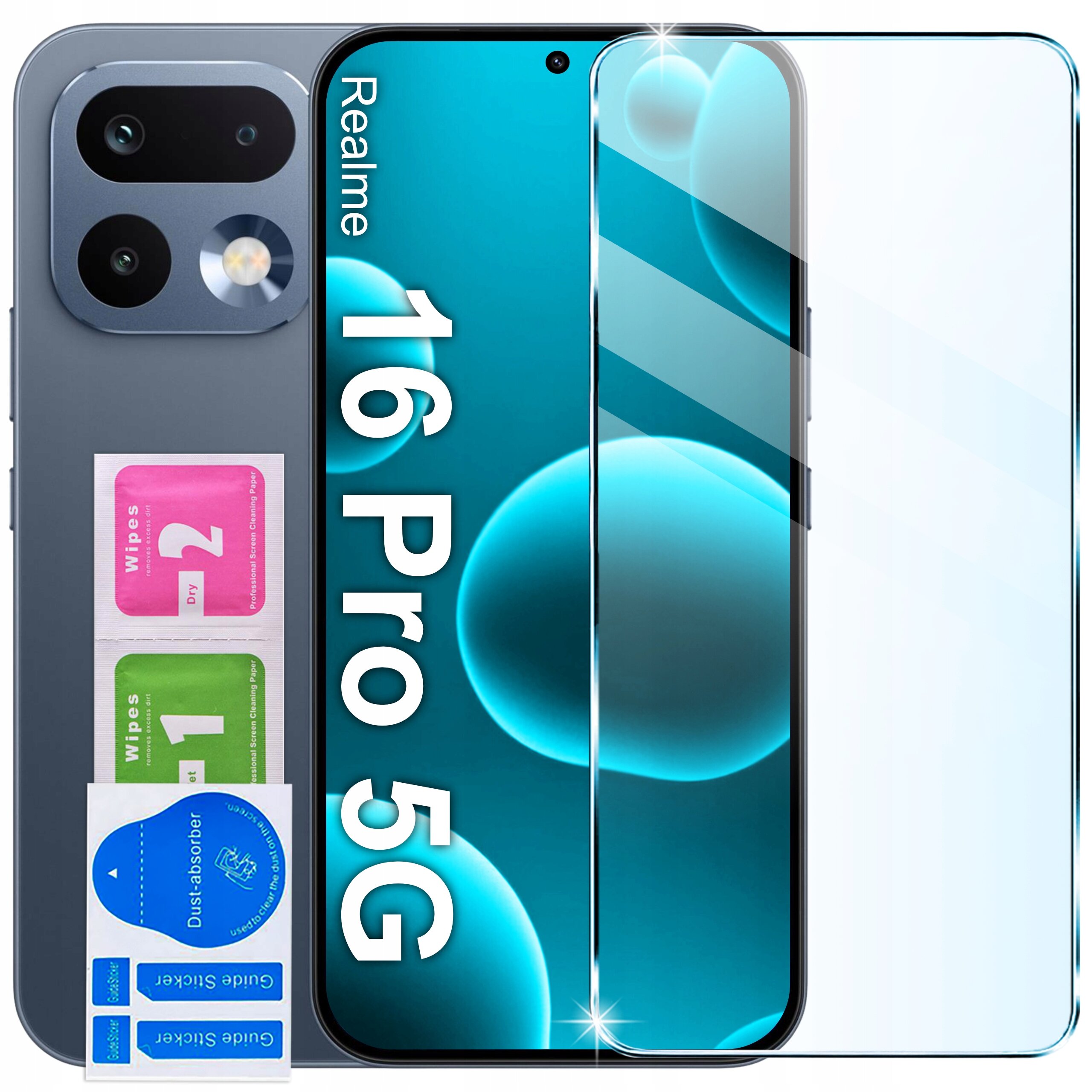 Obraz przedstawia telefon Realme 16 Pro 5G z przezroczystym etui i szkłem ochronnym. Obok znajdują się trzy ściereczki do czyszczenia oznaczone jako \'Wipes 1\', \'Wipes 2\' oraz \'Dust-absorber\'.