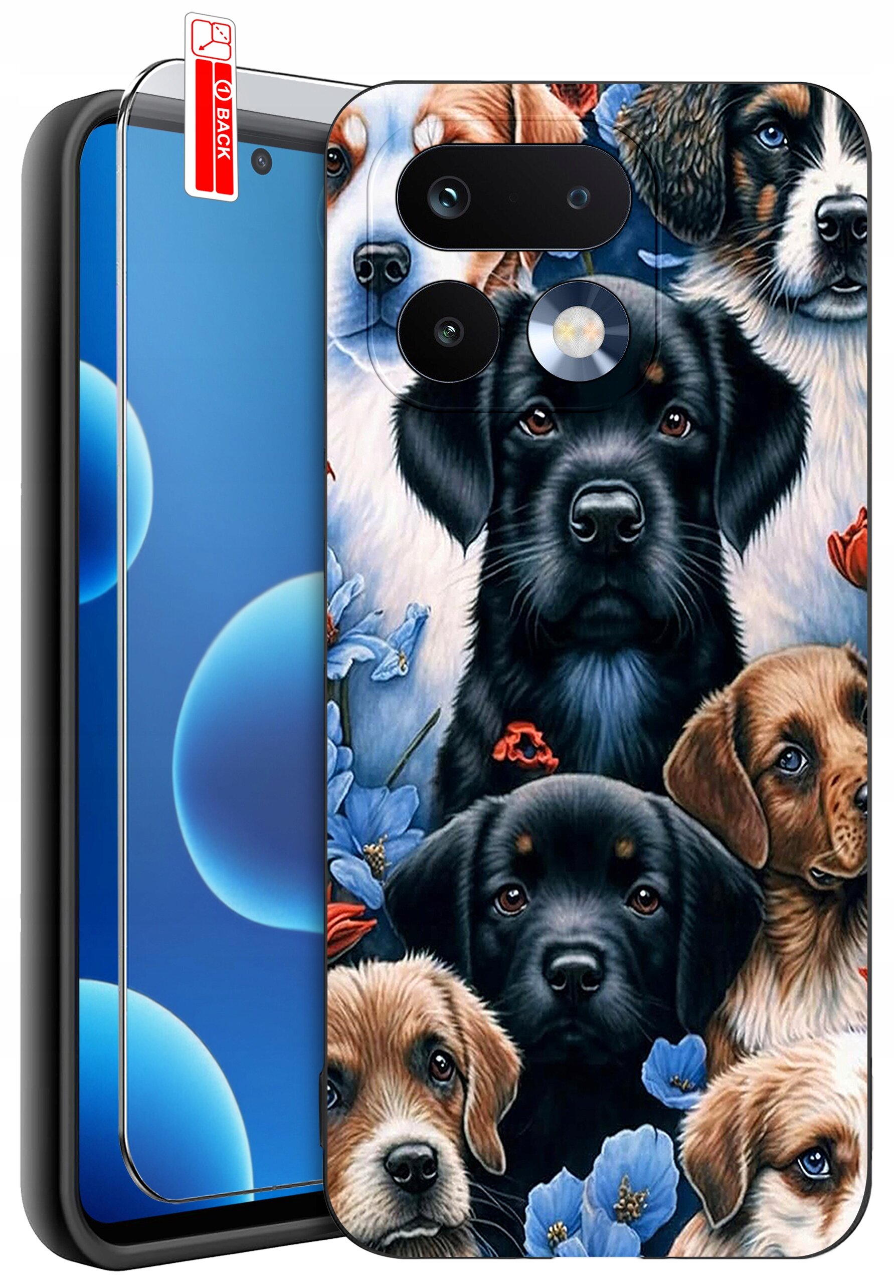 Etui na telefon z wzorem przedstawiającym realistyczne wizerunki psów otoczonych niebieskimi i czerwonymi kwiatami. Obok etui znajduje się szkło ochronne z oznaczeniem \'BACK\'.