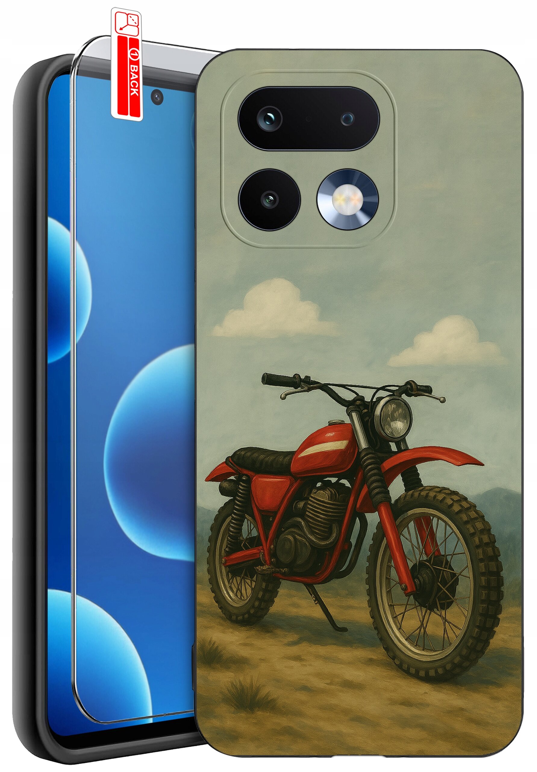 Etui na telefon z nadrukiem czerwonego motocykla na tle nieba z chmurami. Obok etui znajduje się szkło ochronne z napisem \'BACK\'.