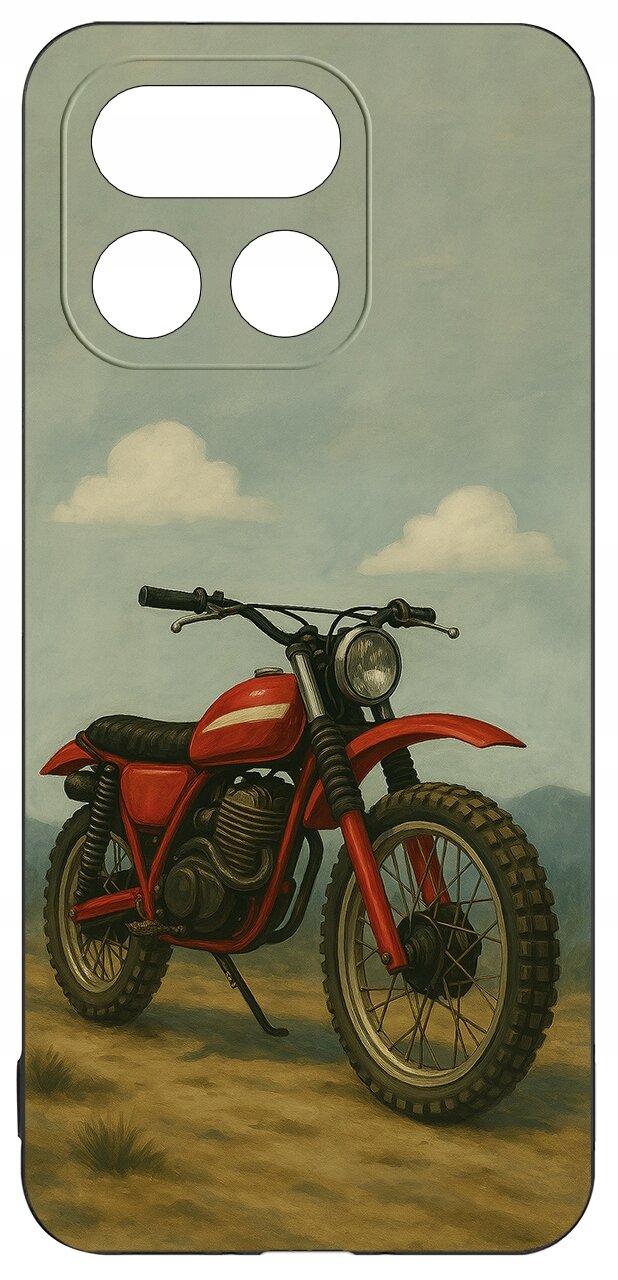 Etui na telefon z nadrukiem czerwonego motocykla na tle nieba z chmurami.
