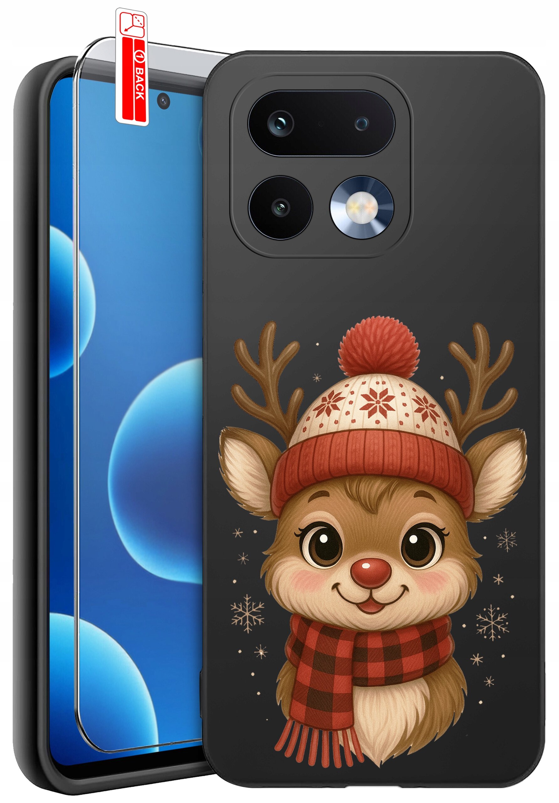 Etui na telefon z wizerunkiem uśmiechniętego renifera w czapce i szaliku, obok znajduje się szkło ochronne z napisem \'BACK\'.