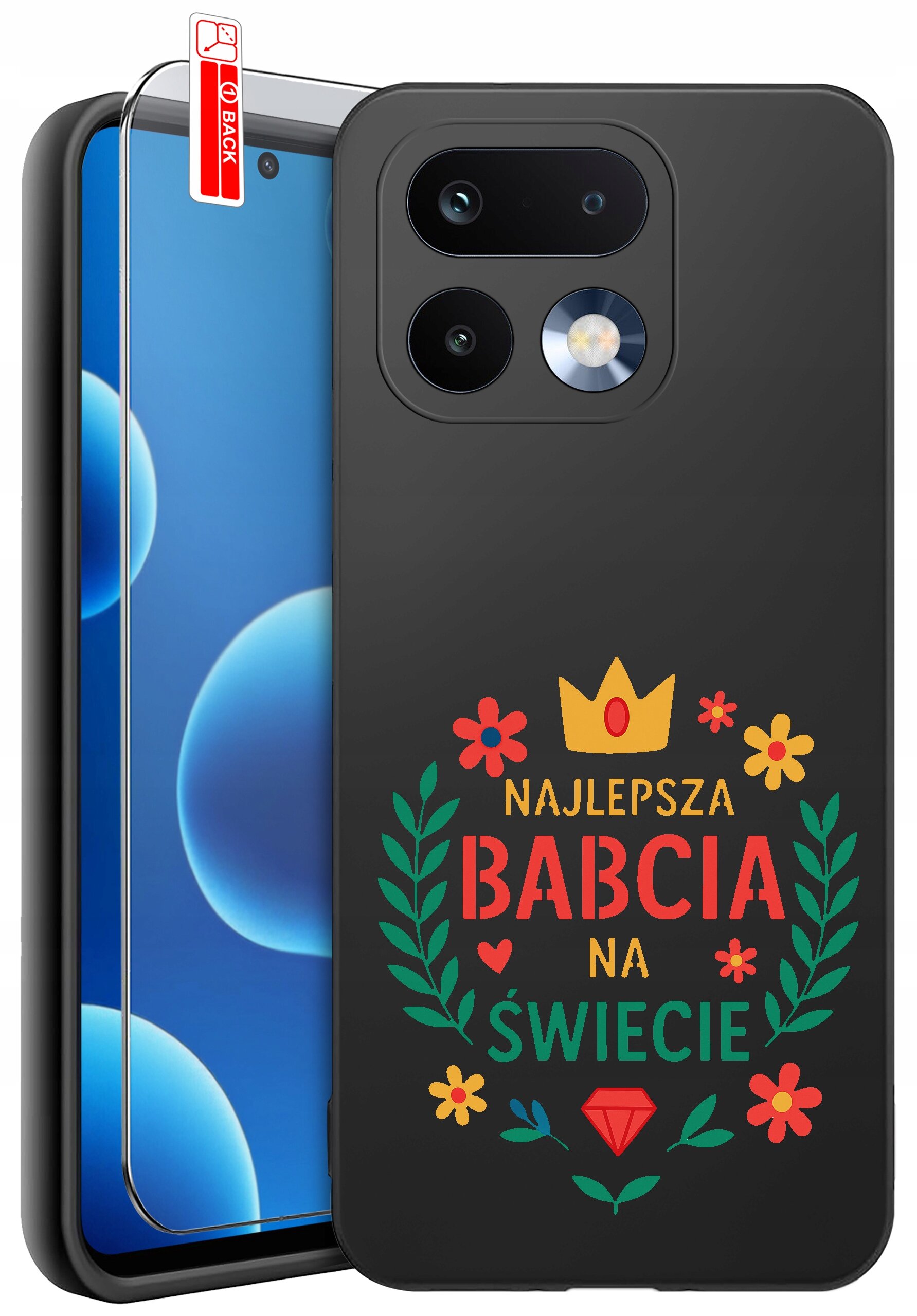 Czarne etui na telefon z kolorowym napisem \'NAJLEPSZA BABCIA NA ŚWIECIE\' oraz ozdobami w postaci kwiatów i korony. Obok etui znajduje się szkło ochronne z oznaczeniem \'BACK\'.