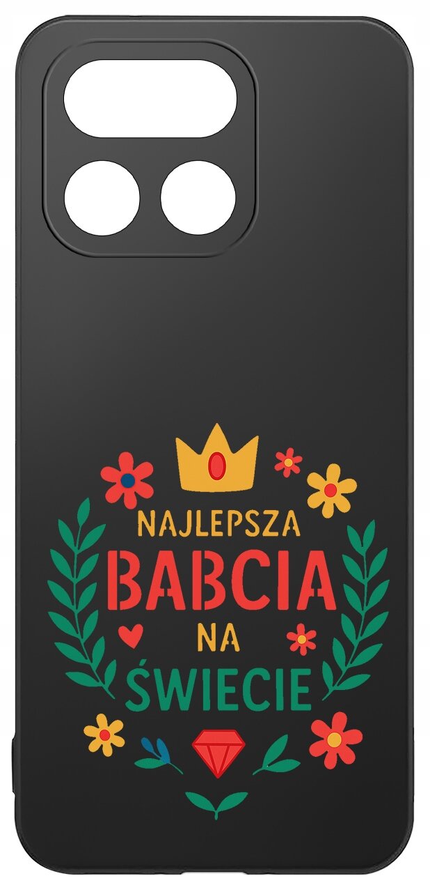 Czarne etui z kolorowym napisem \'NAJLEPSZA BABCIA NA ŚWIECIE\', ozdobione kwiatami, koroną i diamentem.