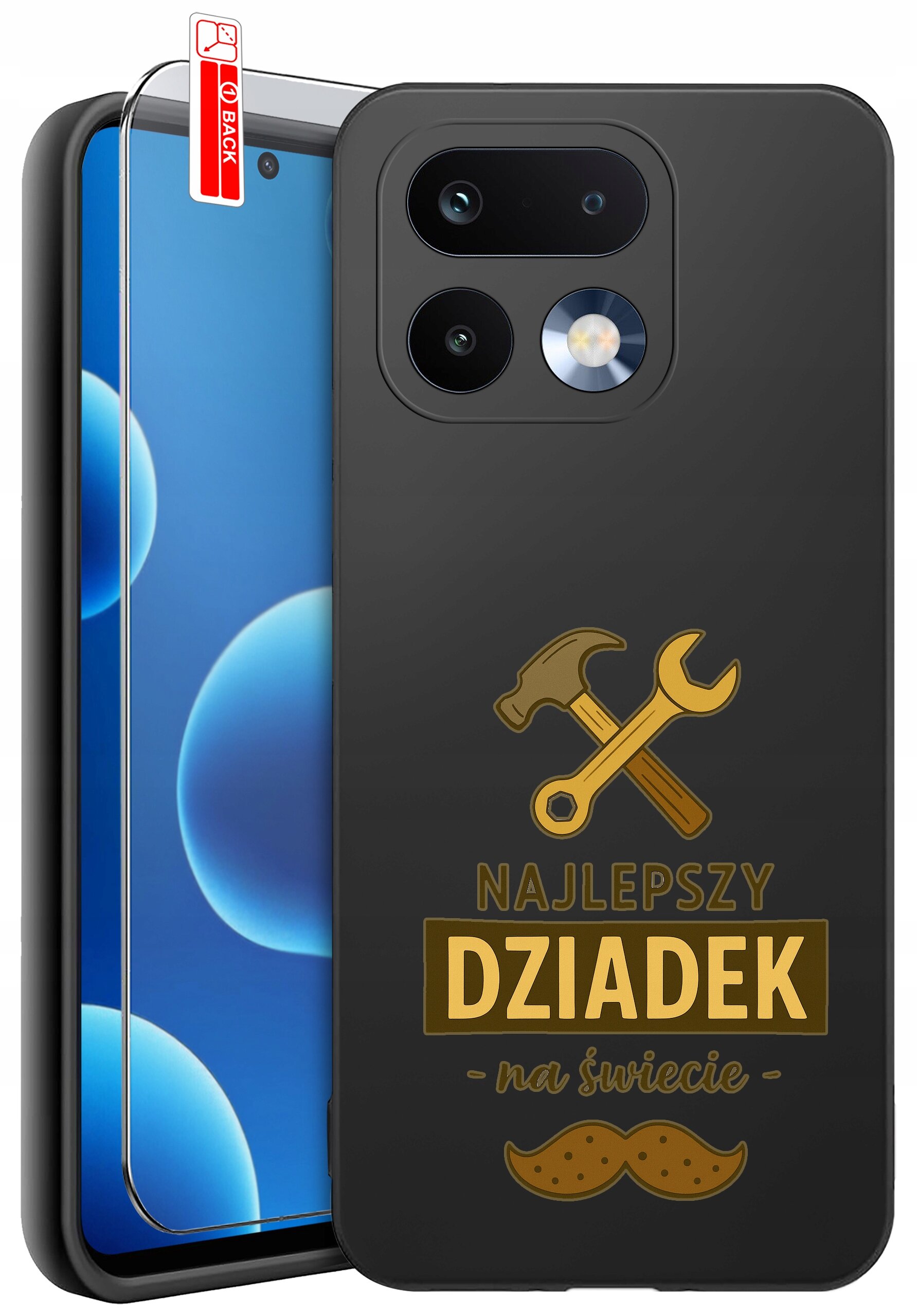 Czarne etui na telefon z grafiką młotka i klucza oraz napisem \'NAJLEPSZY DZIADEK na świecie\'. Obok etui znajduje się szkło ochronne z oznaczeniem \'BACK\'.