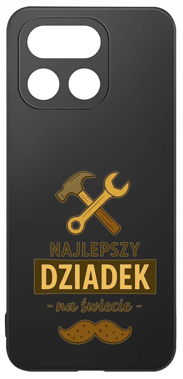 Czarne etui z grafiką przedstawiającą skrzyżowane narzędzia: młotek i klucz, oraz napisem \'NAJLEPSZY DZIADEK na świecie\'.