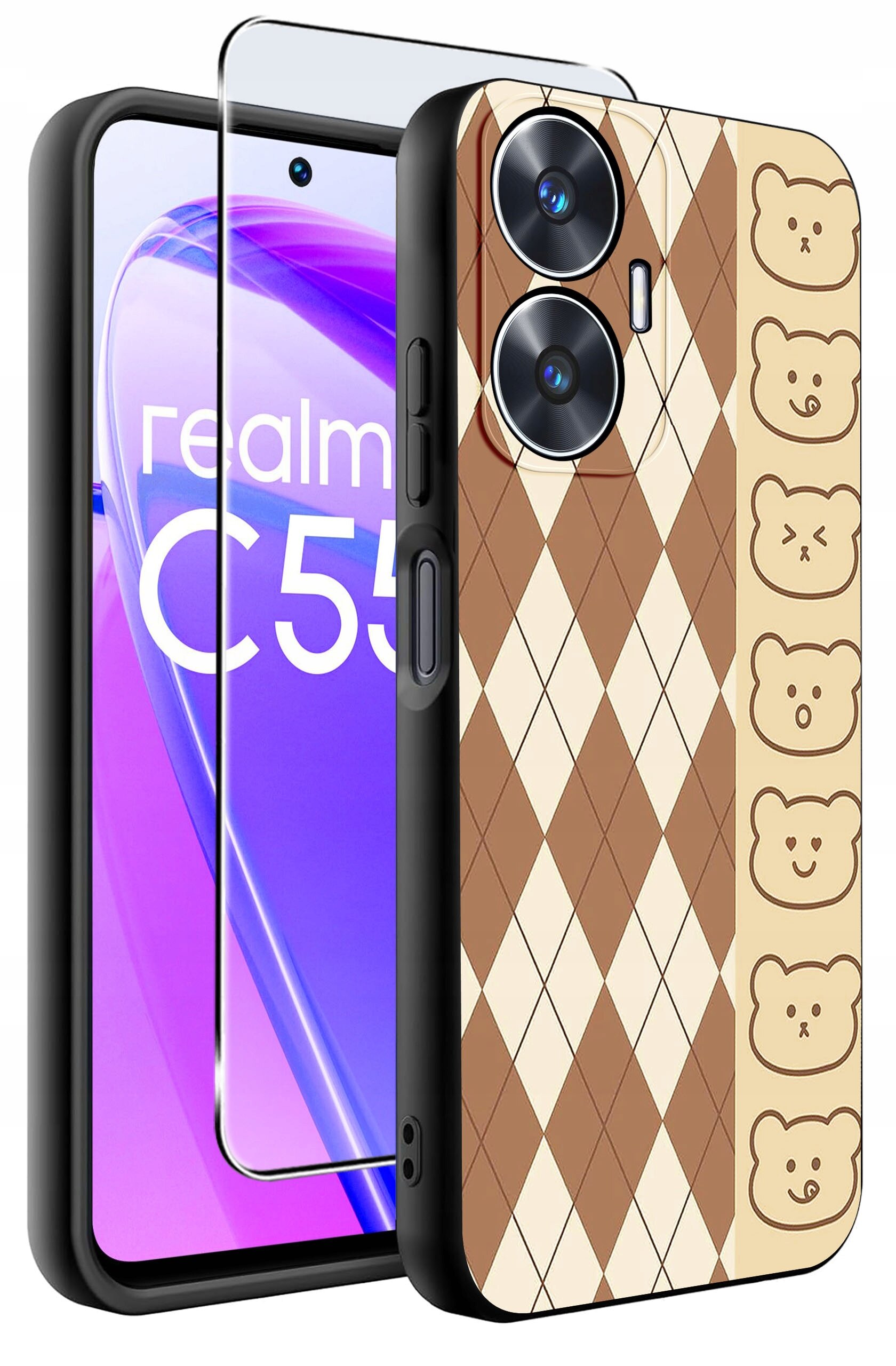 Obraz przedstawia silikonowe etui na telefon z wzorem w romby i rysunkami misiów po jednej stronie. Obok etui znajduje się szkło ochronne na ekran, a na ekranie telefonu widoczny jest napis \'realme C55\'.