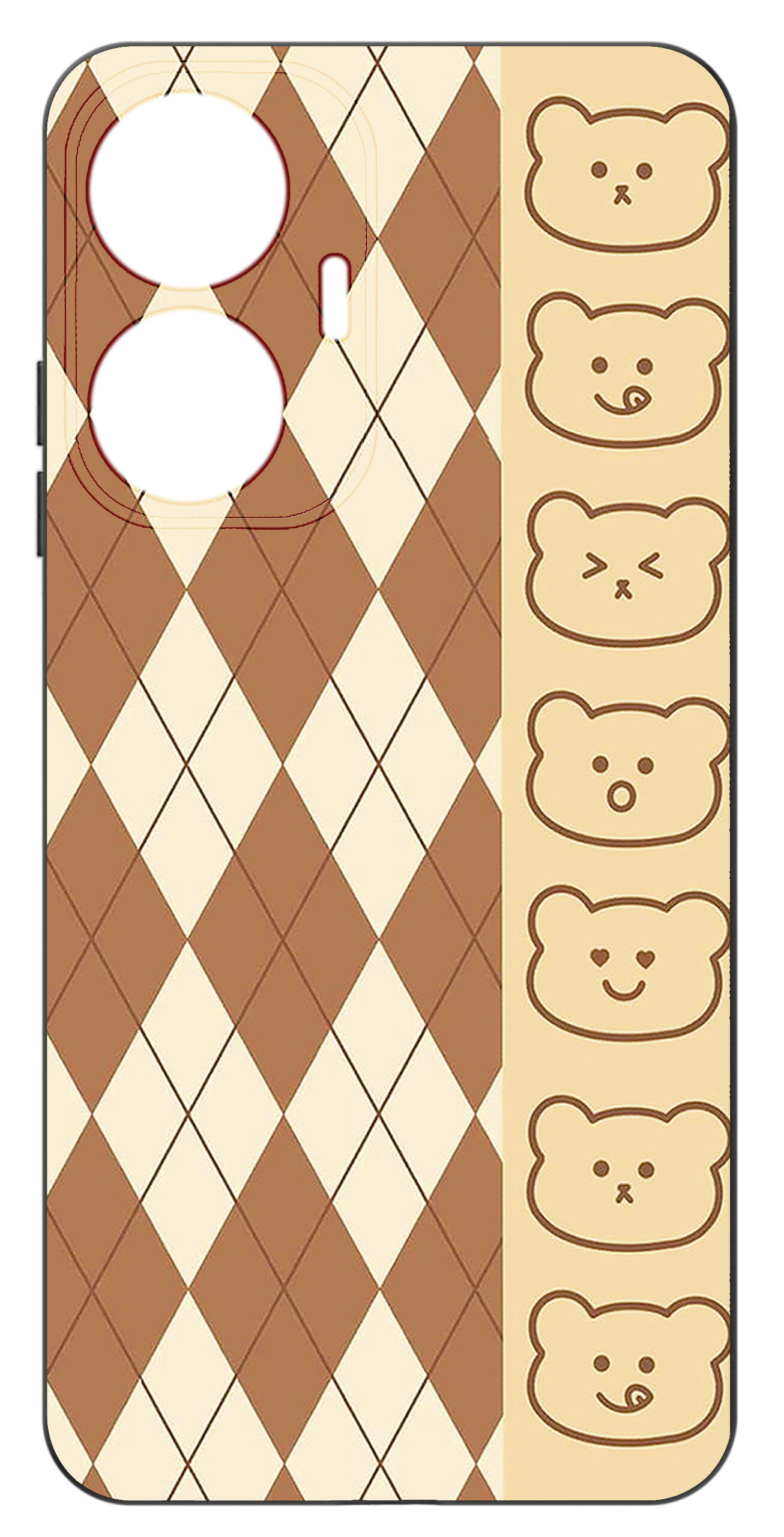 Etui na telefon z wzorem w romby w kolorach brązowym i kremowym oraz rzędem rysunków misiów po prawej stronie.