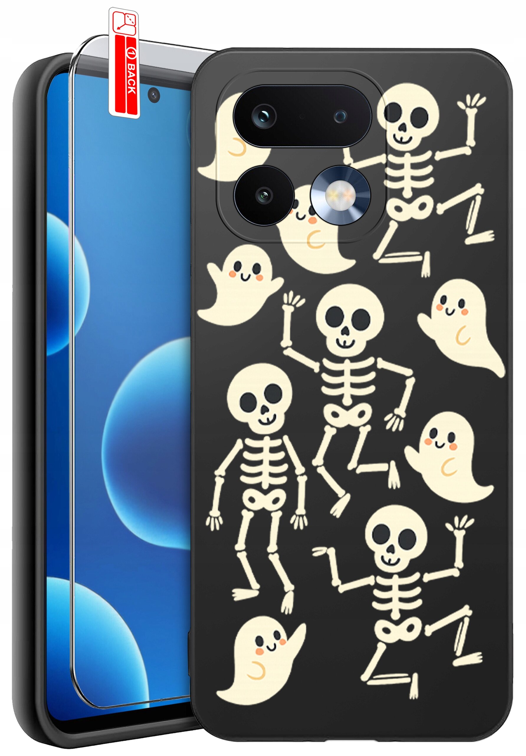 Czarne etui na telefon z nadrukiem białych szkieletów i duchów. Obok znajduje się szkło ochronne z oznaczeniem \'BACK\'.