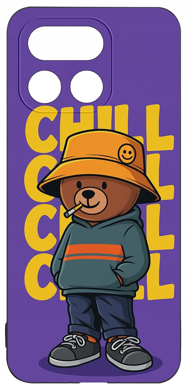 Fioletowe etui z nadrukiem misia w pomarańczowym kapeluszu i zielonej bluzie, na tle żółtego napisu \'CHILL\'.