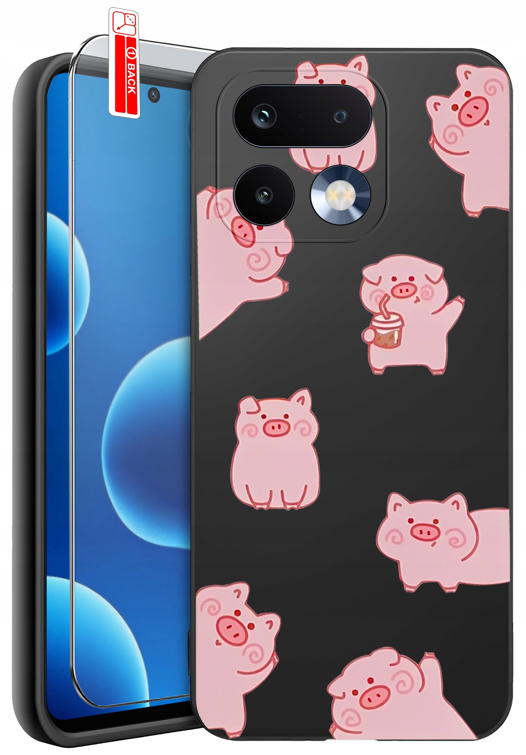 Etui na telefon z czarnym tłem ozdobione różowymi grafikami świnek oraz szkło ochronne z napisem \'BACK\'.