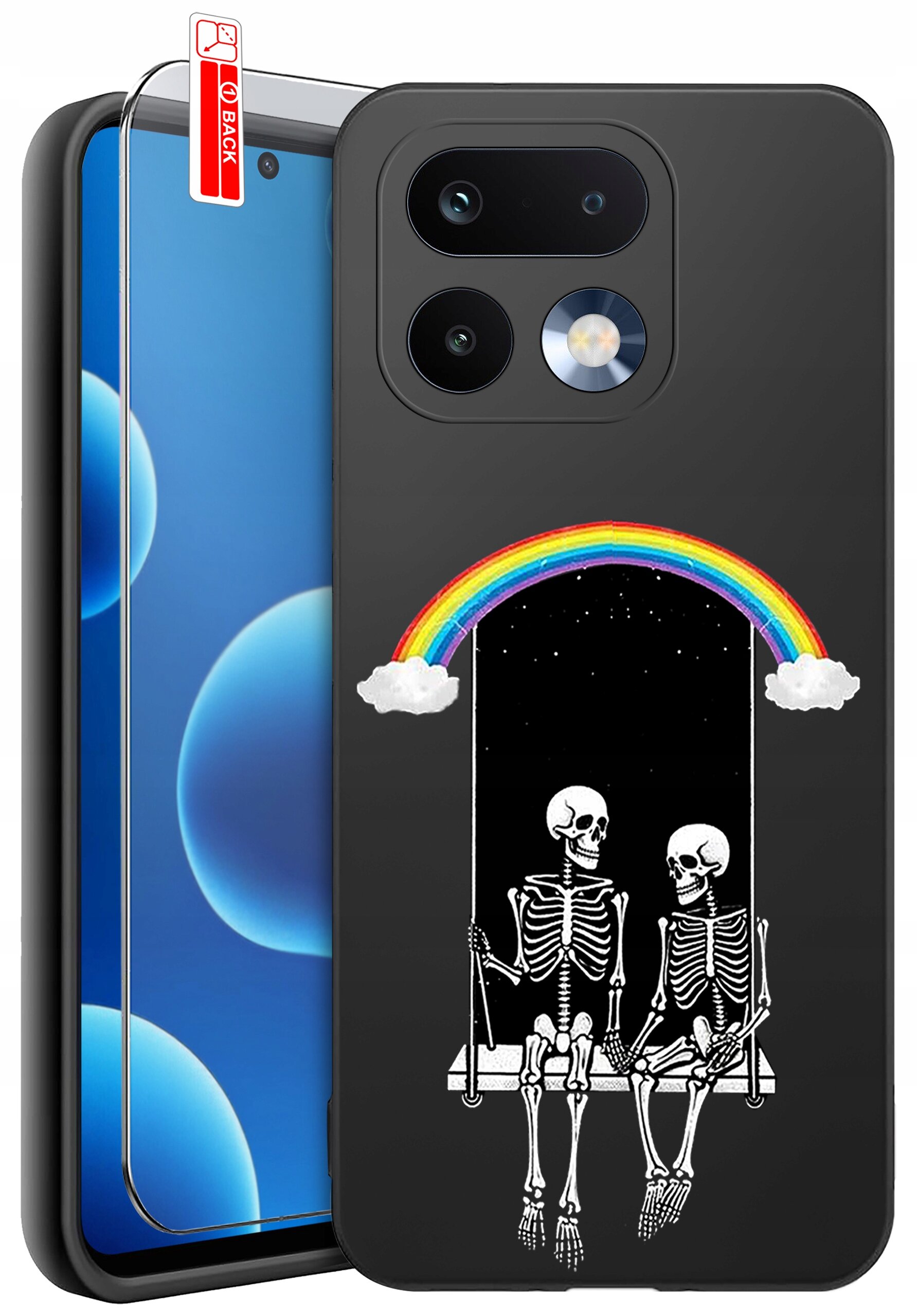 Etui na telefon z grafiką przedstawiającą dwa szkielety siedzące na huśtawce pod tęczą, na czarnym tle. Obok etui znajduje się szkło ochronne z napisem \'BACK\'.