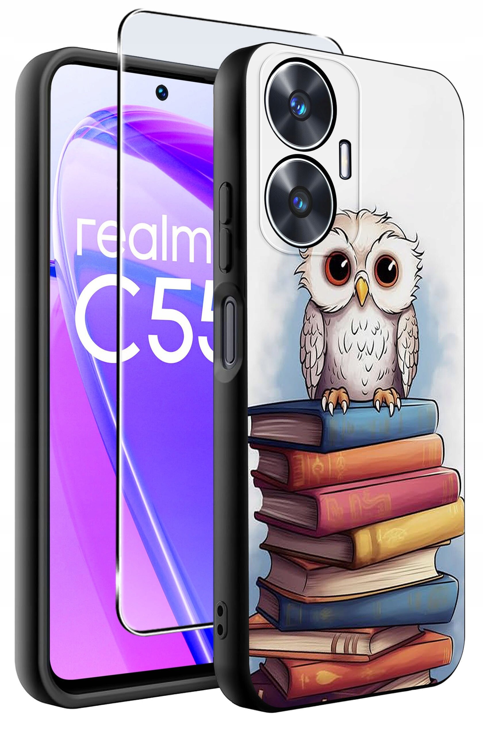 Etui na telefon z nadrukiem sowy siedzącej na stosie książek, obok znajduje się szkło ochronne. Na ekranie telefonu widoczny jest napis \'realme C55\'.