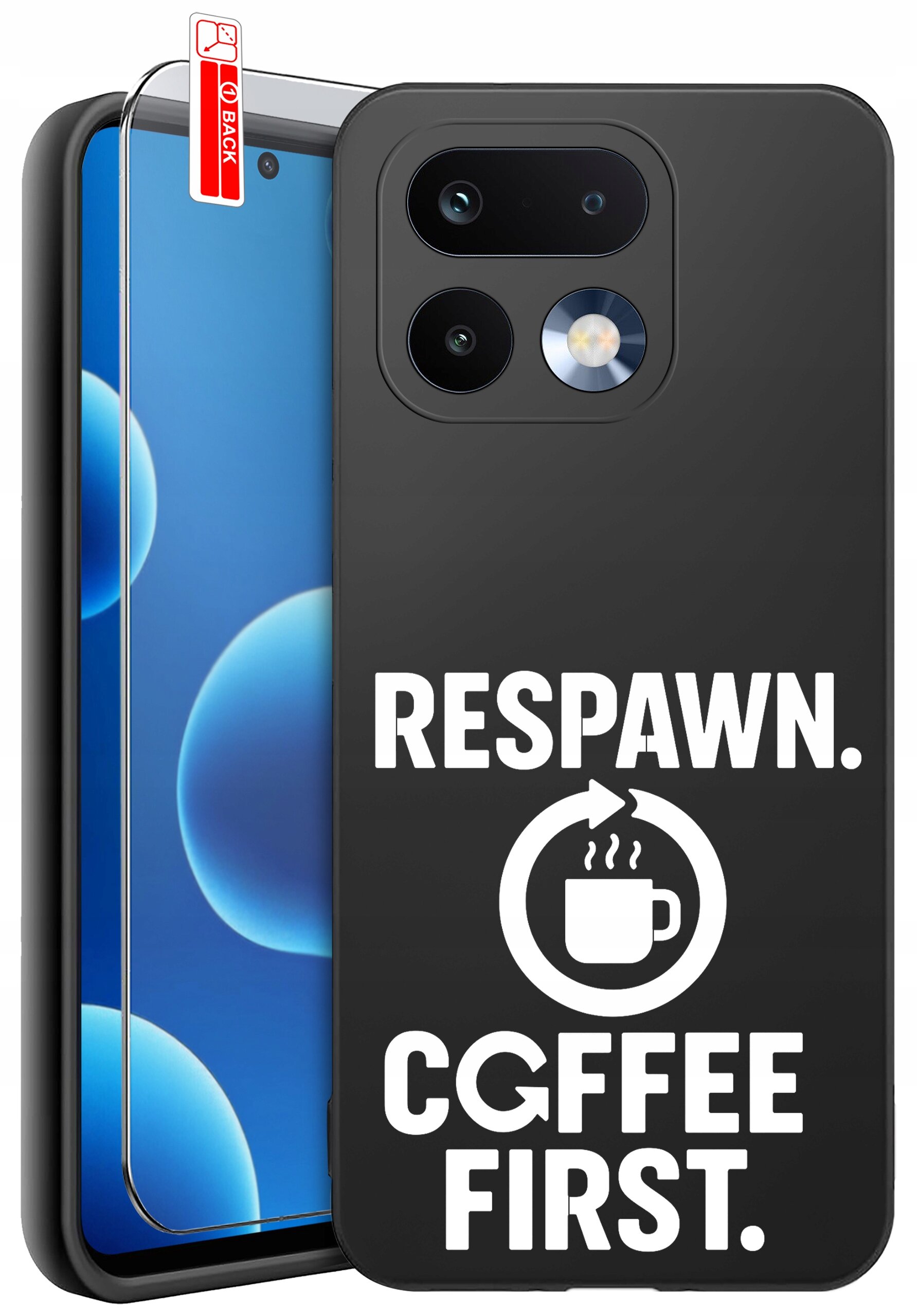 Czarne etui na telefon z napisem \'RESPAWN. CGFFEE FIRST.\' oraz ikoną filiżanki. Obok etui znajduje się szkło ochronne na ekran z oznaczeniem \'BACK\'.