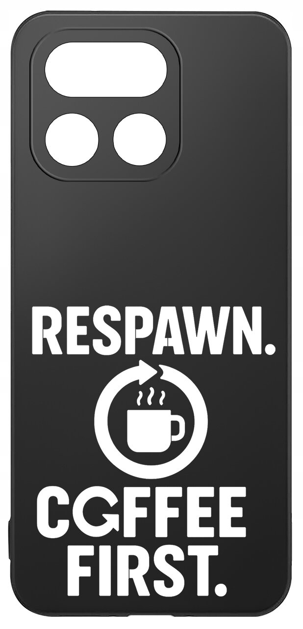 Czarne etui z wycięciami na aparat, ozdobione białym napisem \'RESPAWN. COFFEE FIRST.\' oraz symbolem filiżanki z parującą kawą w okręgu.