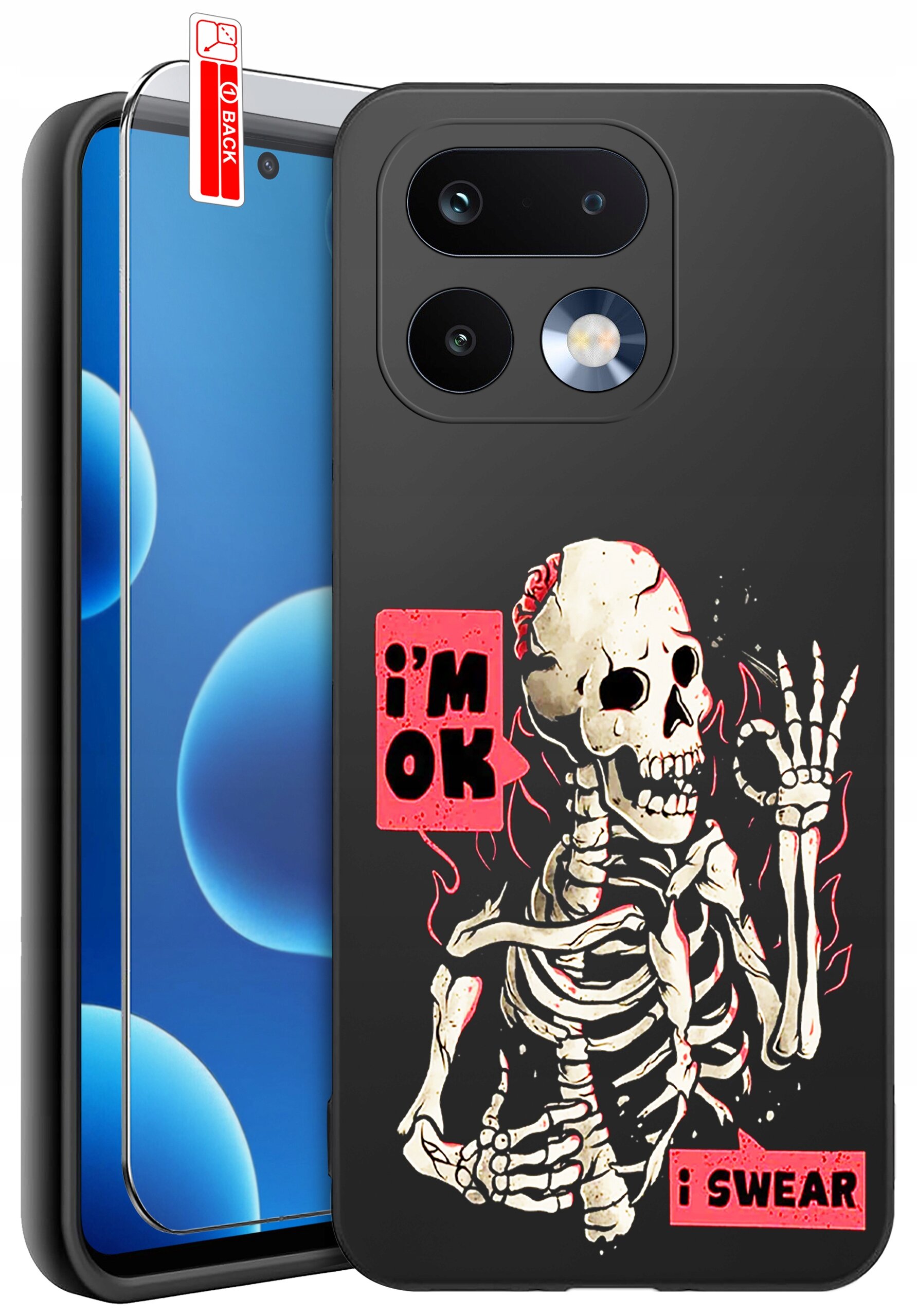 Obraz przedstawia silikonowe etui na telefon z nadrukiem szkieletu i napisami \'I\'m OK\' oraz \'I SWEAR\'. Obok etui znajduje się szkło ochronne z oznaczeniem \'BACK\'.