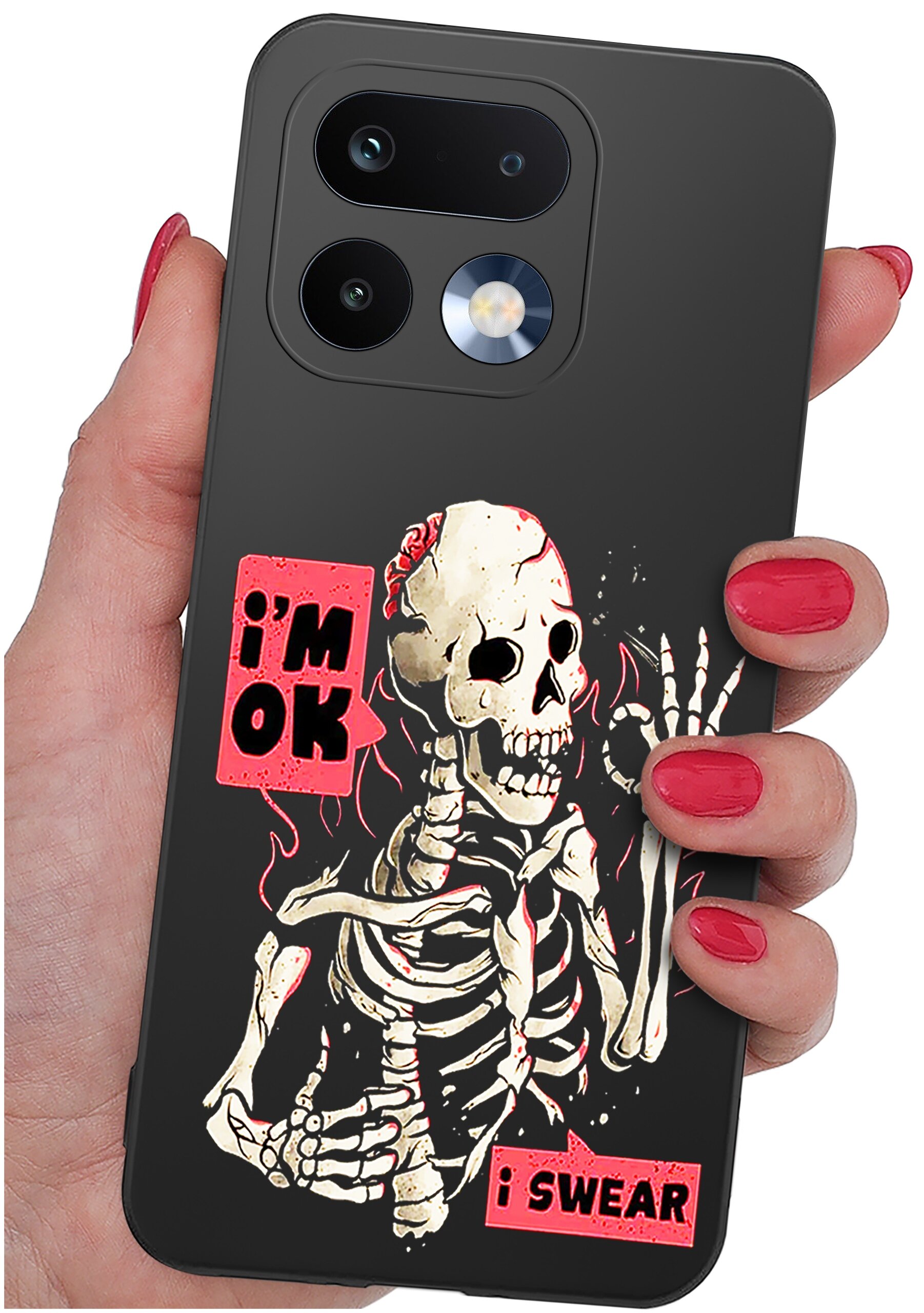 Etui na telefon z grafiką szkieletu i napisami \'i\'m OK\' oraz \'i SWEAR\'.