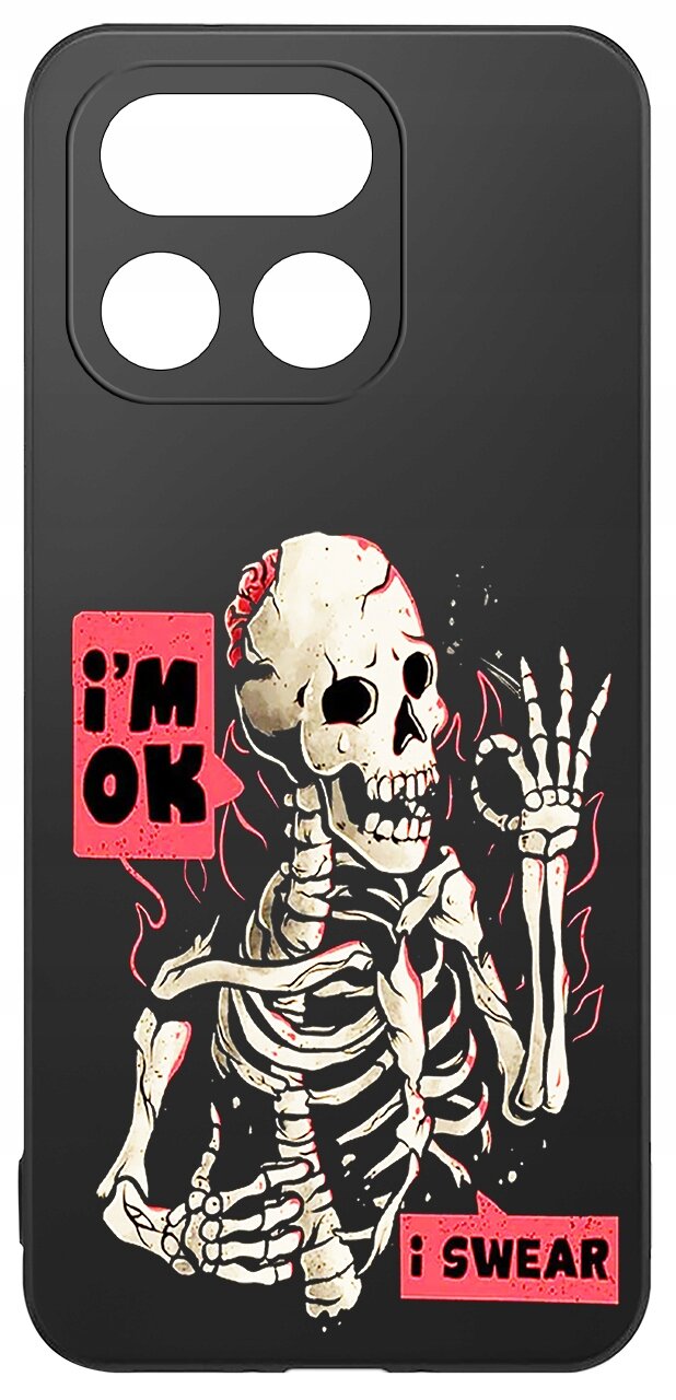 Czarne etui z nadrukiem szkieletu trzymającego rękę w geście pokoju. Na etui widnieją napisy \'i\'m ok\' oraz \'i swear\'.