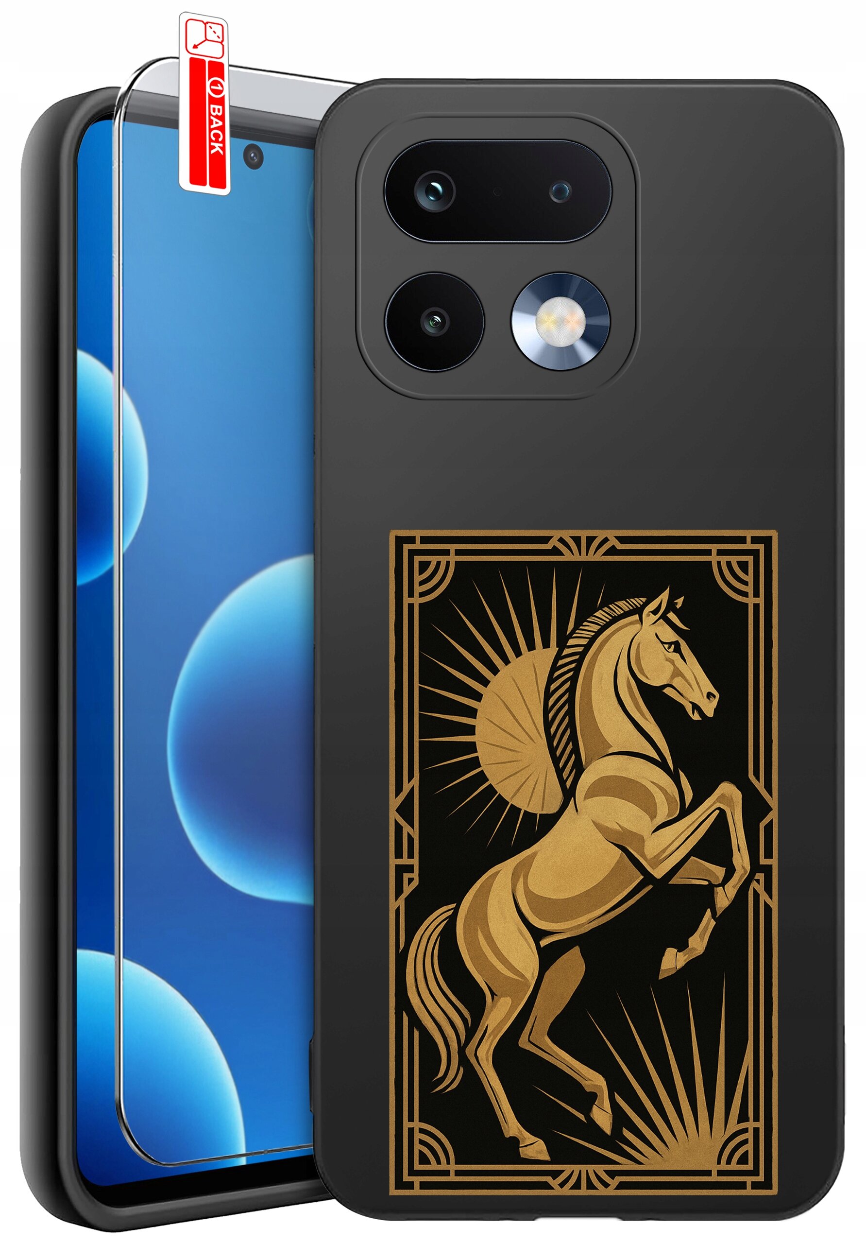 Obraz przedstawia silikonowe etui na telefon z wzorem złotego konia na czarnym tle. Obok etui znajduje się szkło ochronne z naklejką \'BACK\'.